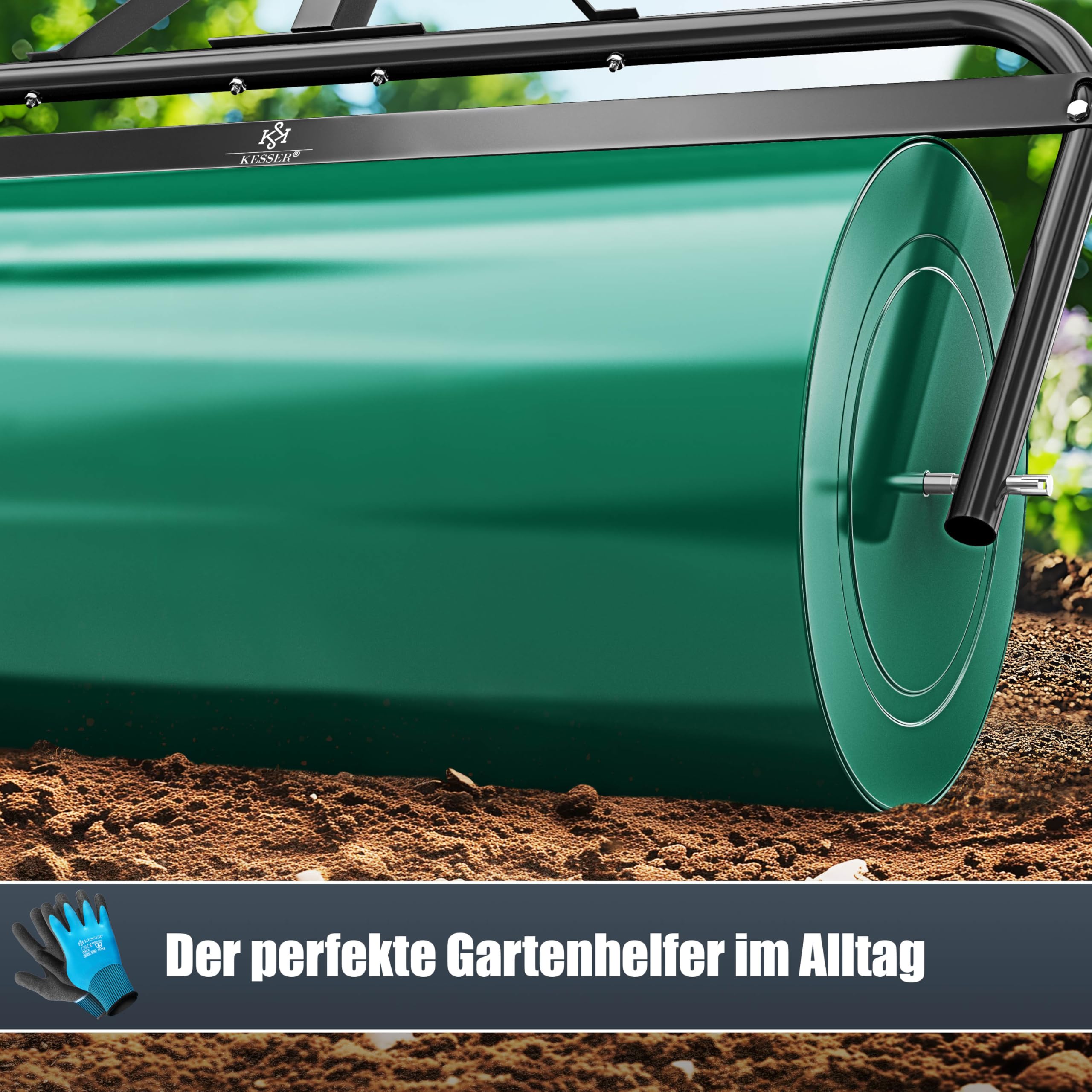 KESSER Rouleau à gazon en métal à remplir avec de l'eau ou du sable avec un volume de remplissage de 63 l et 99 cm de large - Rouleau de jardin avec gants - Rouleau manuel pour gazon agricole - Vert