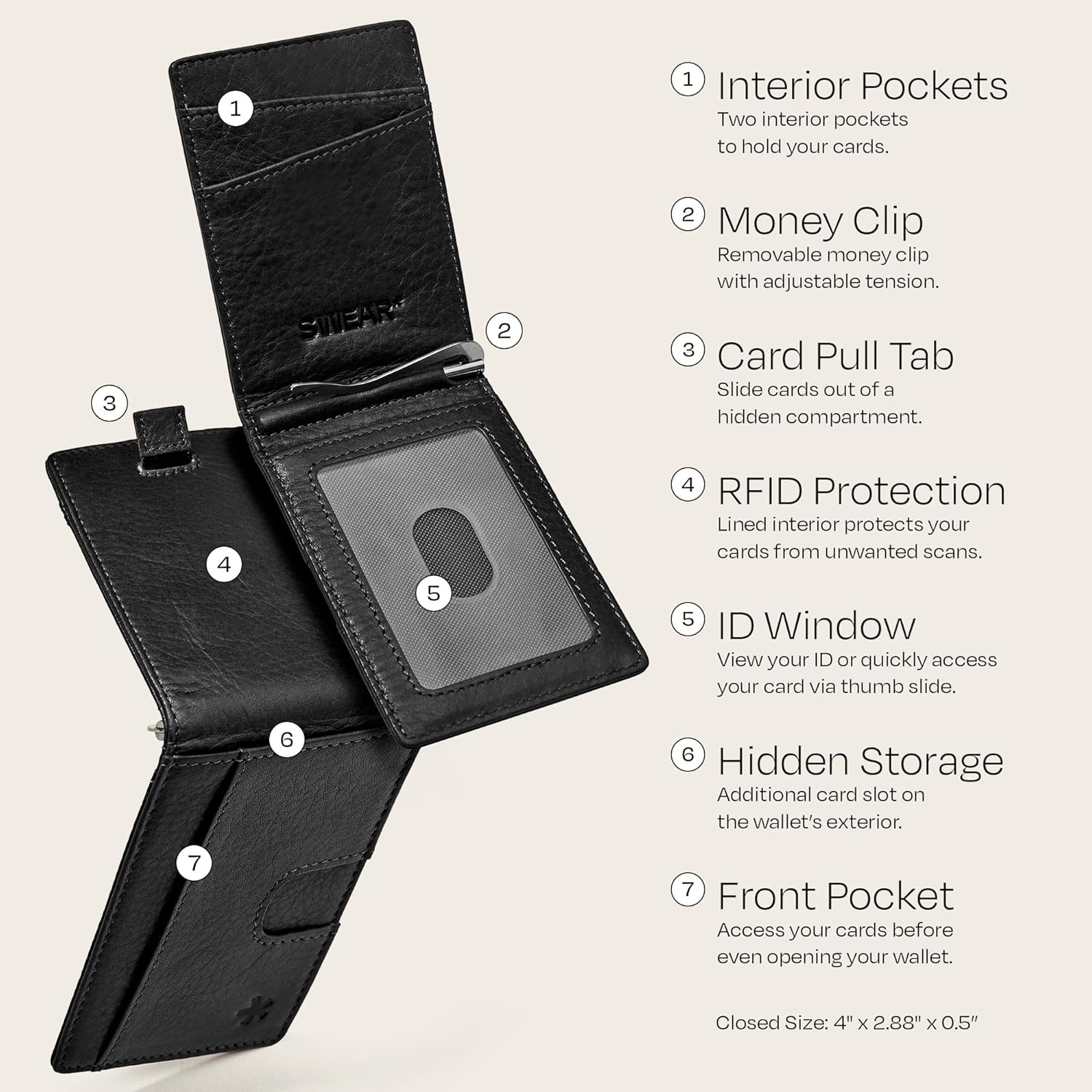 Swear Brands Full Grain Leather Wallet with RFID Blocking & Money Clip - Minimalist Bifold Wallet Holds 12 Cards - Easy Access Pull Tab - Ethically Sourced (Black) - Image 3