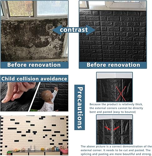 Miniatura 6 de 10 paneles de pared 3D negros, cobertura de 14.5 pies cuadrados, adhesivo imprimible con paneles de pared de espuma de polietileno autoadhesivos