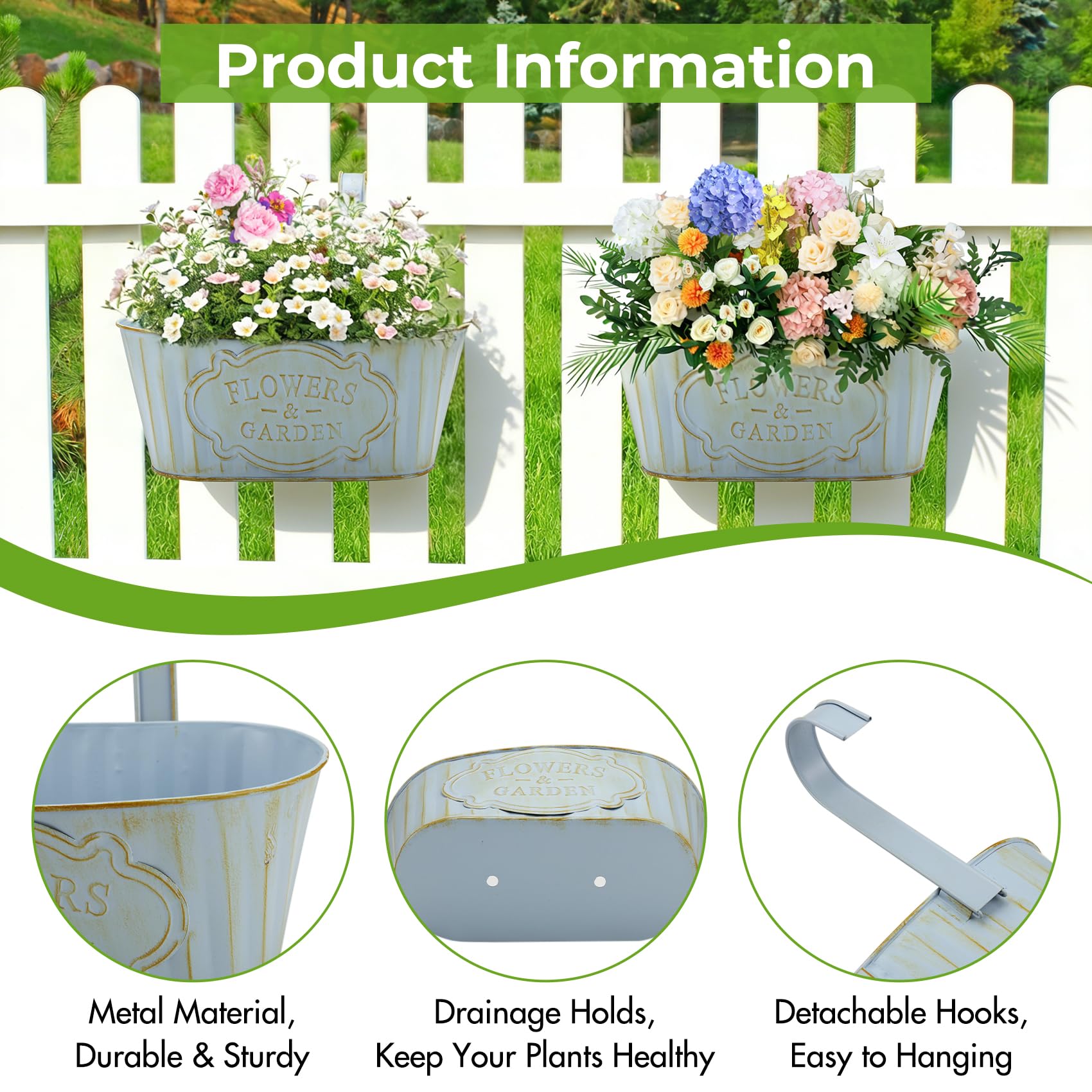 Kit di 6 Fioriere da Appendere in Ferro, Vintage, 27,5 cm, per Balcone, Recinzione, Portico, Blu