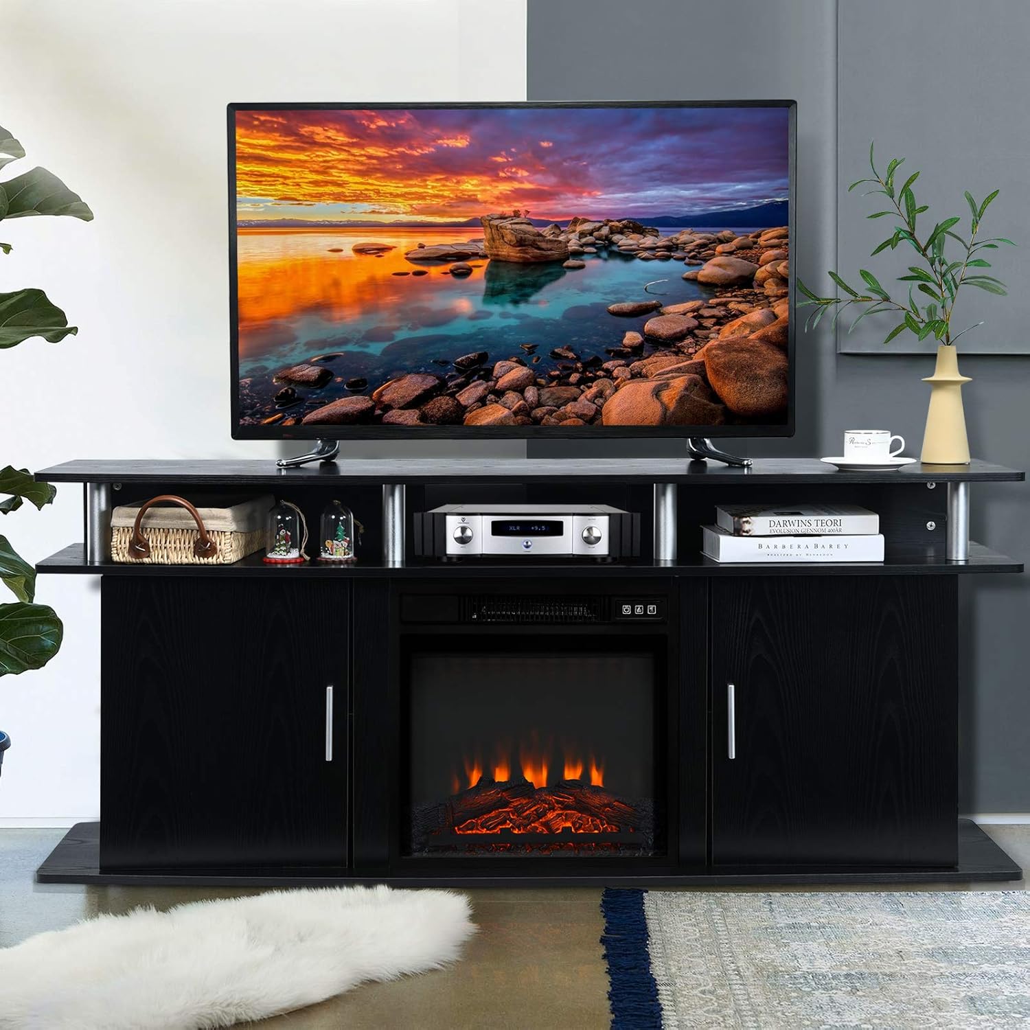 Tangkula Fireplace TV Stand, Modern Media Console Table for TVs up to 70 Inches, Entertainment Center w/ 1400W Fireplace for Living Room, Electric Fireplace Cabinet w/Remote & Adjustable Brightness
