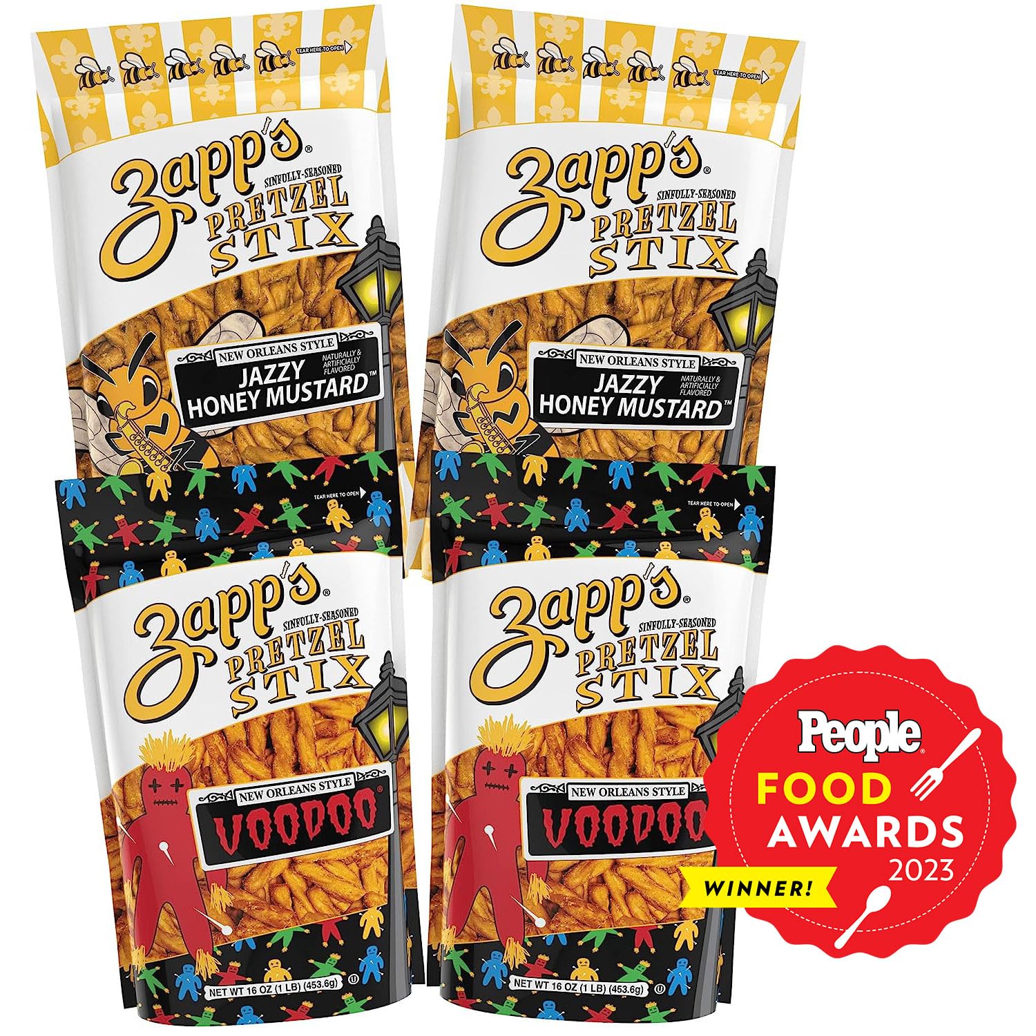 (Best By: 02/19/24) Zapp's Seasoned Pretzel Stix, 16oz. Pouch Variety Pack (4 Pouches), Voodoo & Jazzy Honey Mustard Flavors