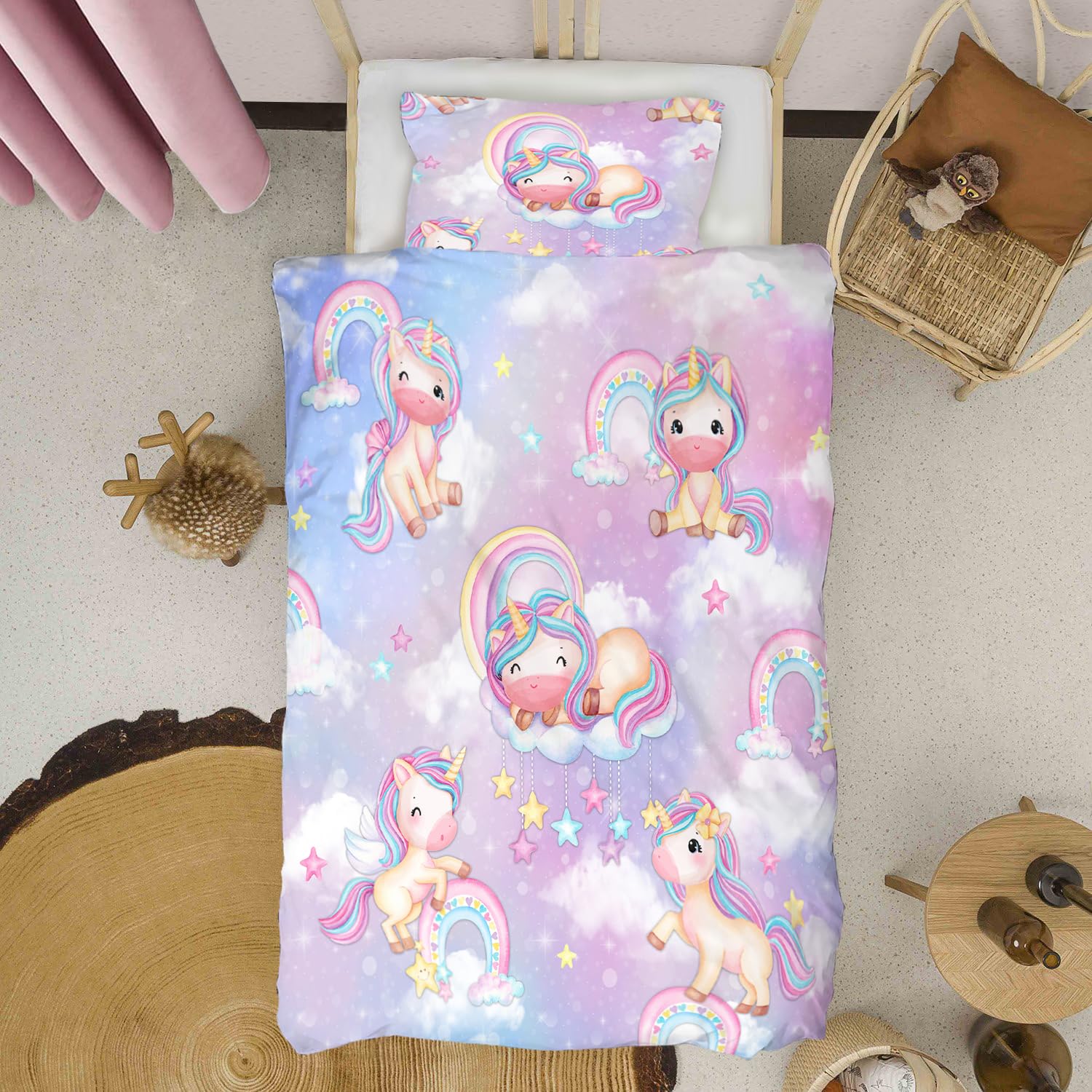 3D Gedruckt Einhorn Bettwäsche, Bunte Bettwäsche Set Geeignet für Kinder/Mädchen/Erwachsene bettwäsche 135 * 200cm,80 * 80cm*1 EFBTTAF057