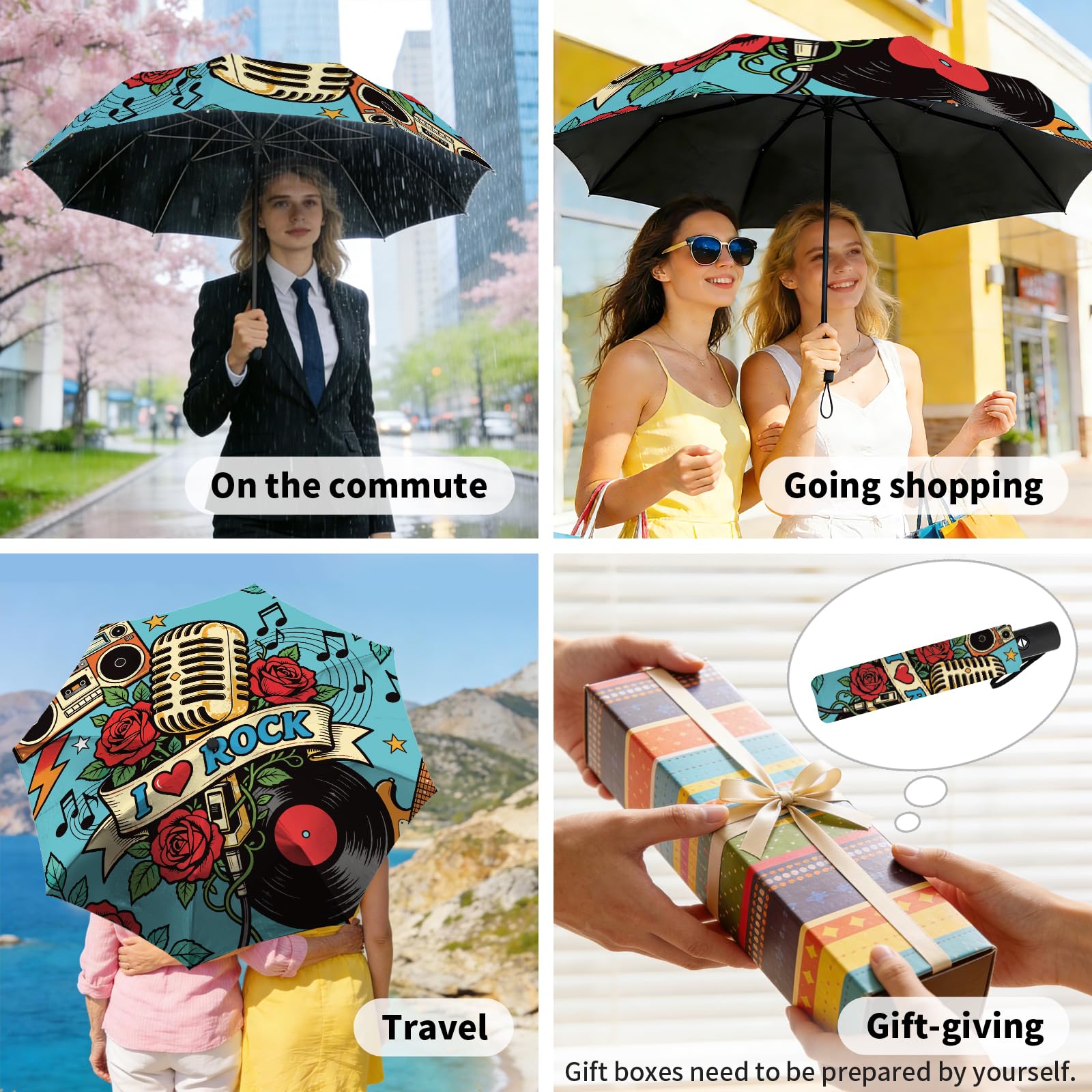 MayjoyDIY Retro Rock Micrófono Automático Plegable Paraguas 107cm Rock A prueba de viento Viaje Paraguas Rojo Rosa Compactos Paraguas Automáticos Apertura Cierre para Lluvia y Sol Protección