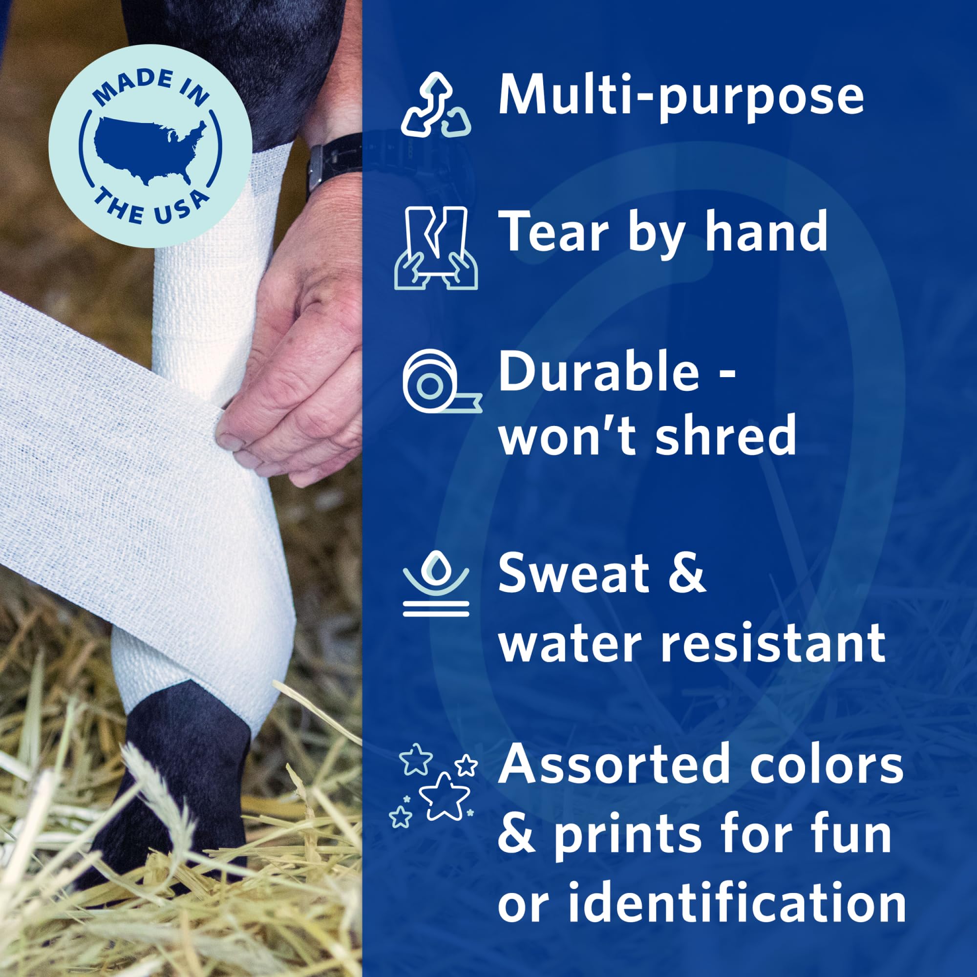 OVIK Health PowerFlex Equine - Benda autoadesiva extra forte, per la cura delle ferite, la compressione e il supporto per cavalli, mucche e cani, non si mastica, 4 rotoli (custodia richiudibile)