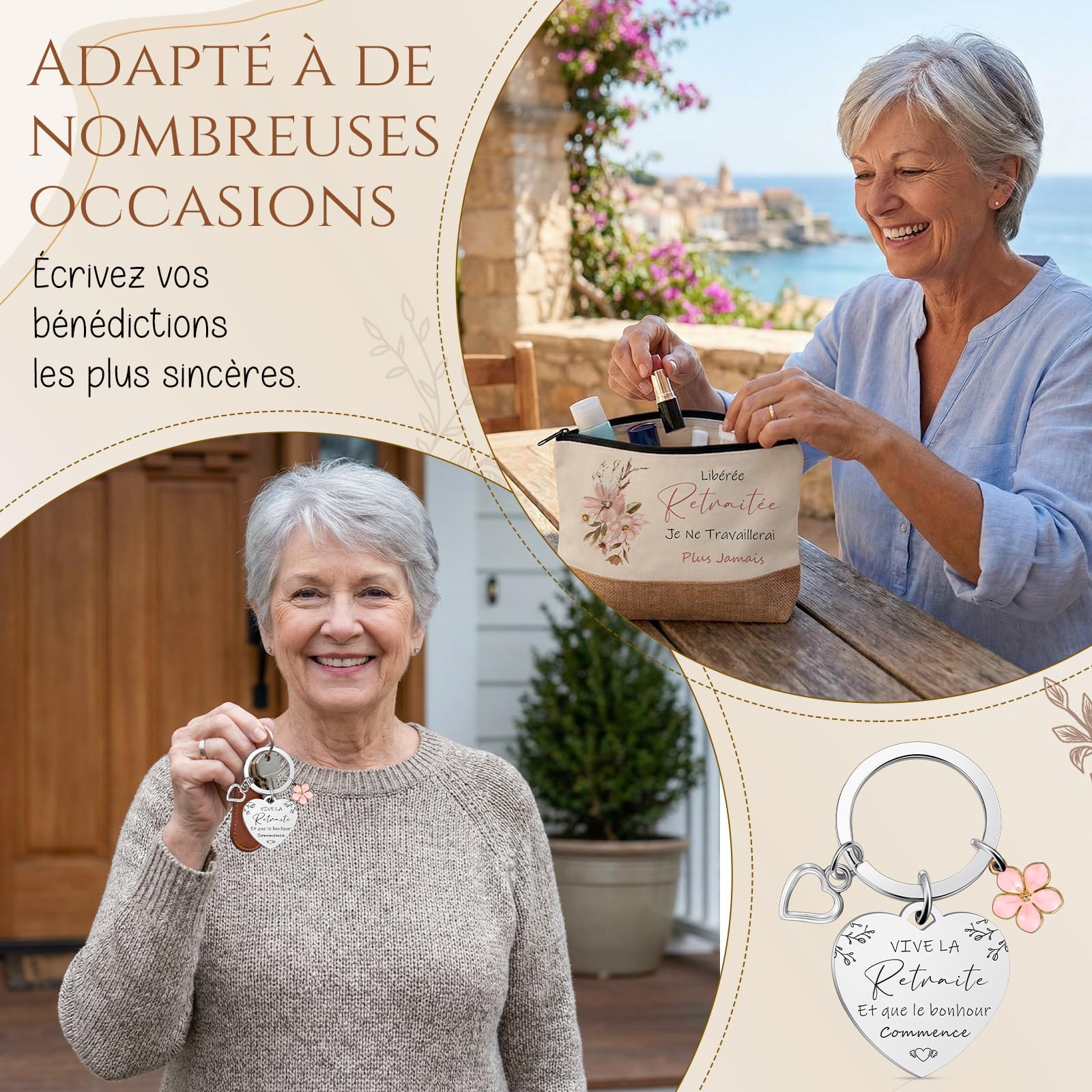 Cadeau Retraite Femme Sac à Main Tote Bag Trousse à Maquillage Pochette Cosmétique Porte-Clés Enveloppe avec Fleur