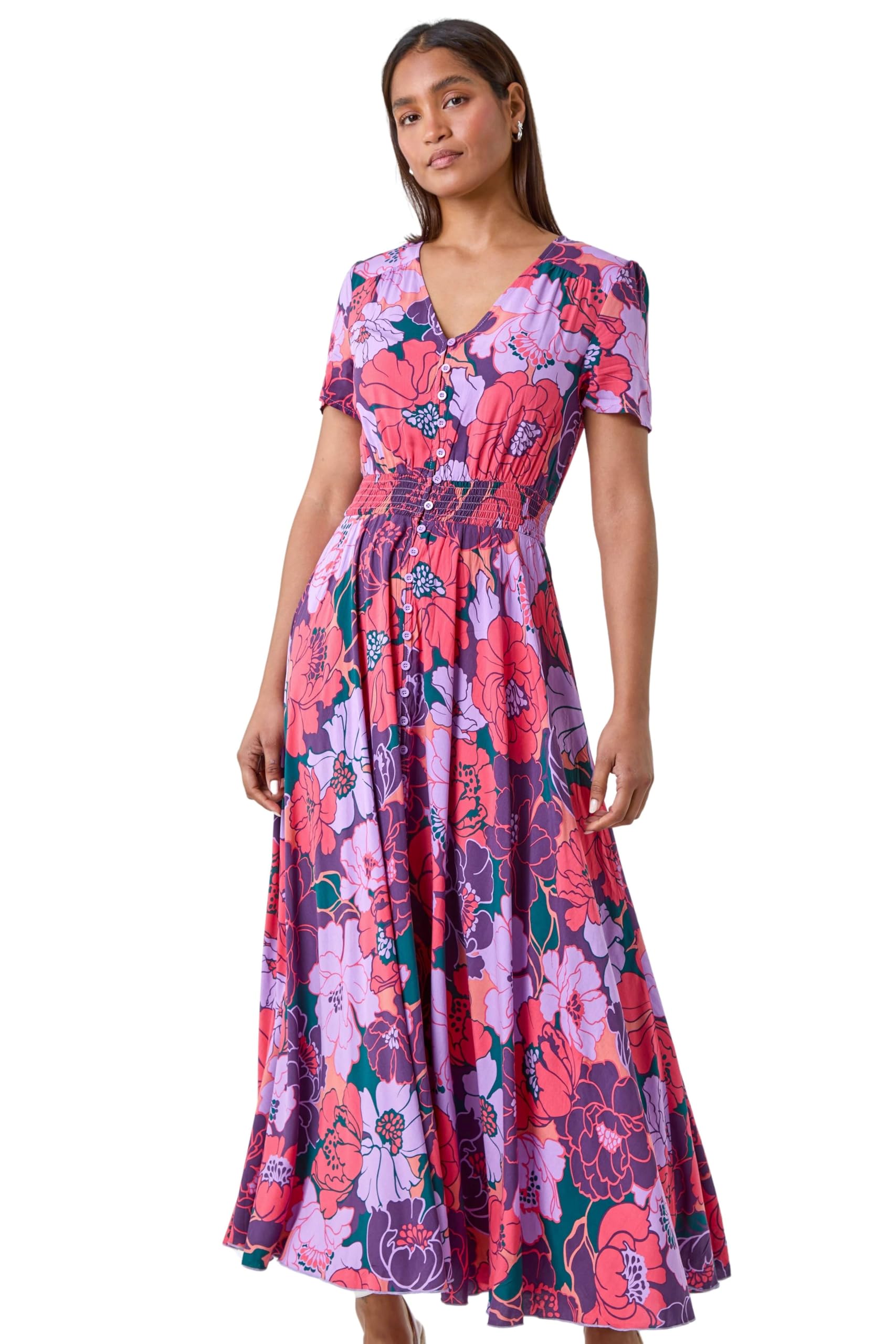 Roman Originals Women's Purple Multi Shirred Empire Waist Dress For Uk Midi Maxi Summer Spring Tiered Frill Hem Short Sleeve V Neck Button Through Boho Bohemian Holiday Cruise - Size 10