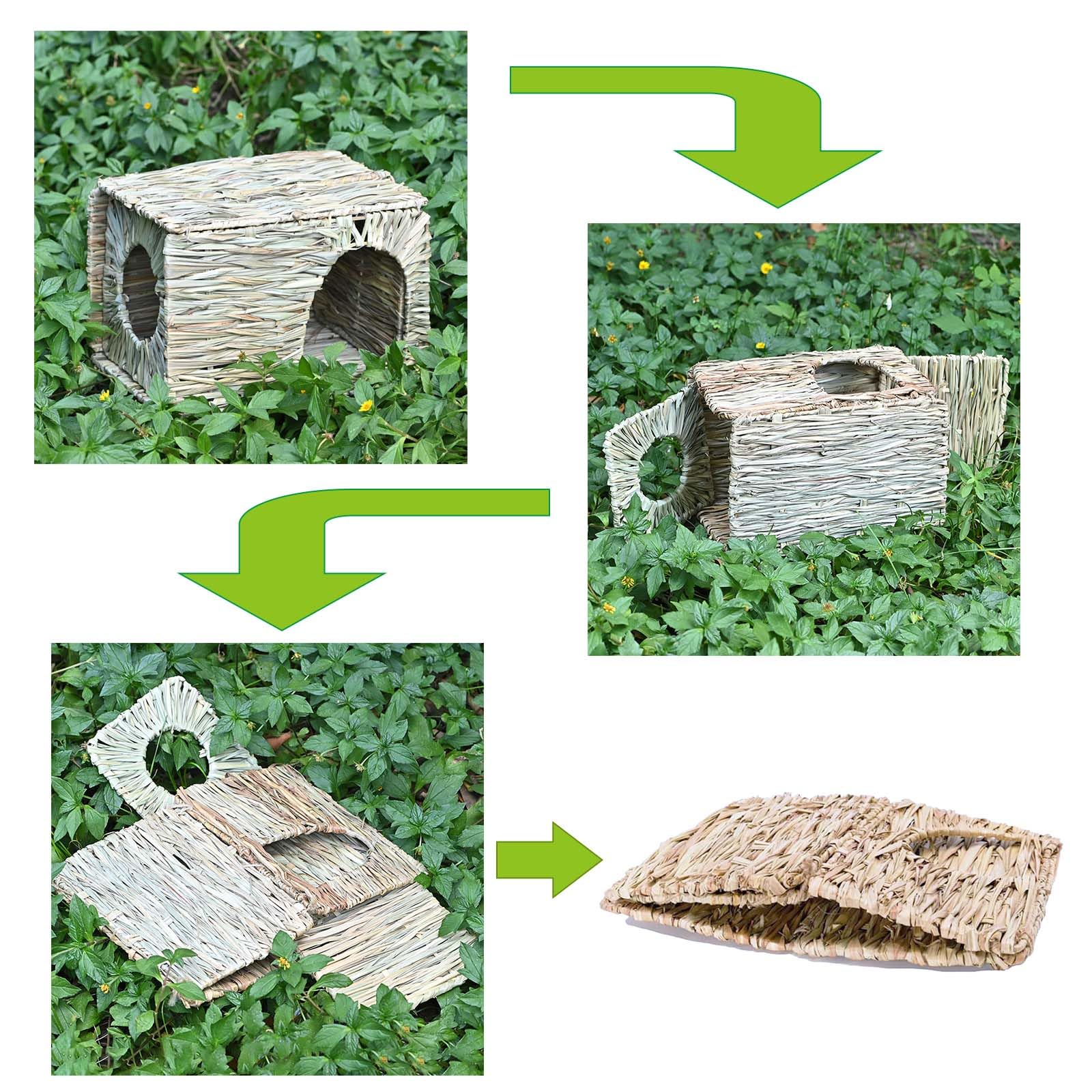 Faltbare Gras-gewebte Tierhütte, Hasenhaus, Spielzeug, Kauspielzeug für Kaninchen, Meerschweinchen, Rennmäuse, Hamster (30,5 x 20,3 x 20,3 cm)