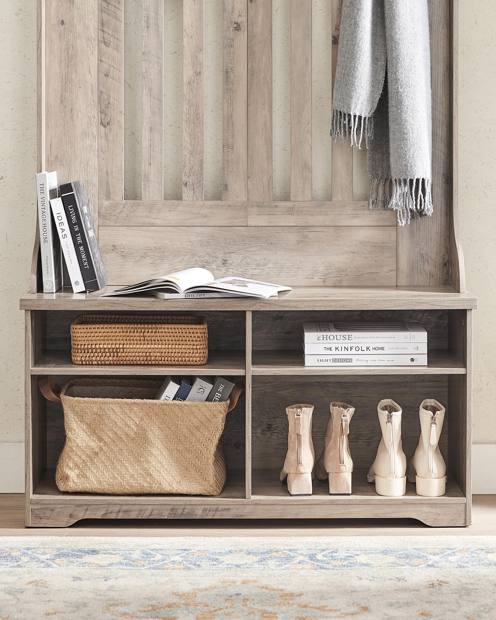 VASAGLE Meuble d’Entrée, Porte-Manteau avec Banc à Chaussures, Vestiaire, Rangement pour Chaussures, 5 Crochets Triples, Gain de Place, pour Entrée, Couloir, Étagères Réglables, Grège Chiné HSR404T02
