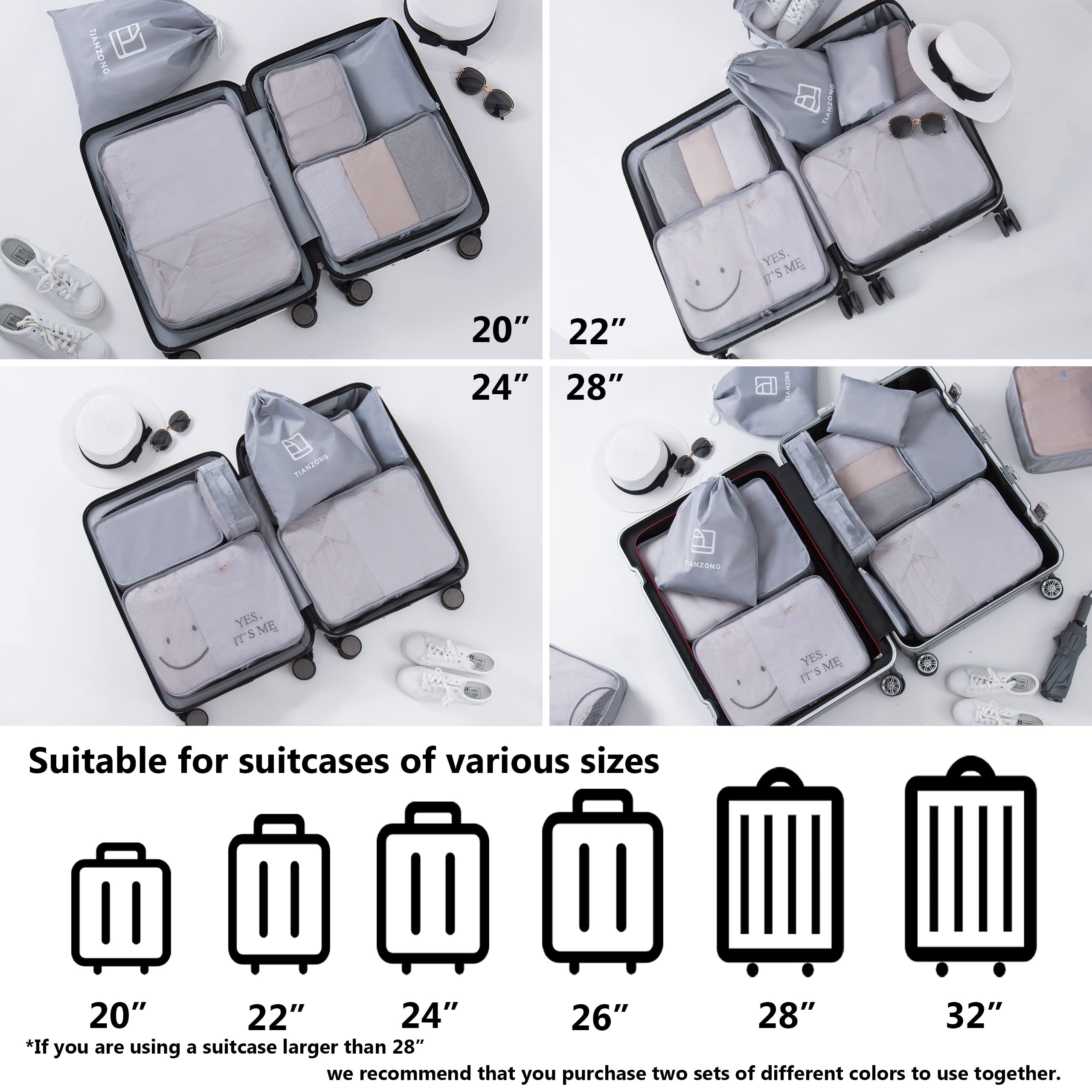TianZong Juego de 7 cubos de embalaje, organizadores de equipaje de viaje con bolsa de lavandería y bolsa de zapatos (gris)