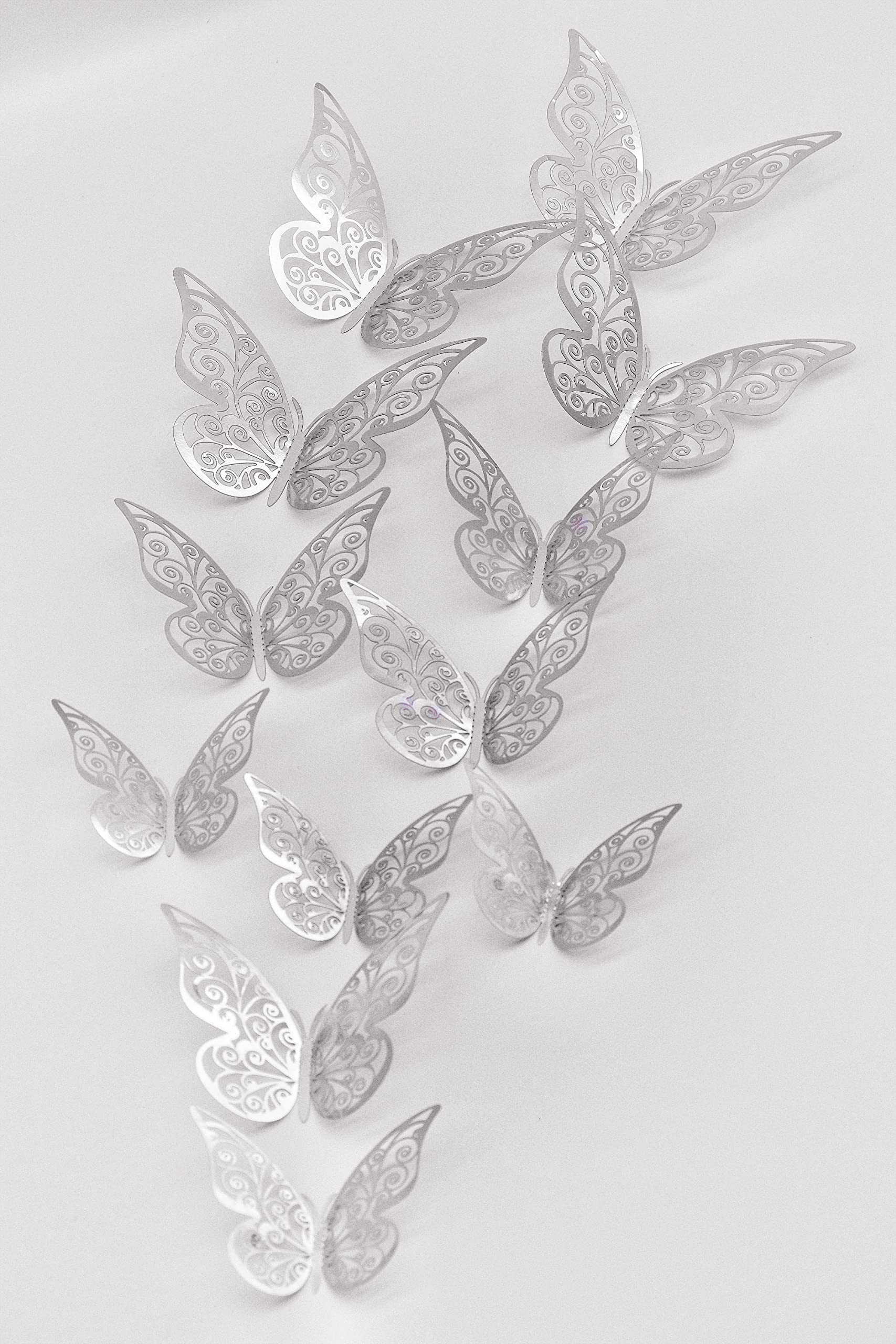 RENUIS 48 Pcs Silver Butterfly Decorations, 3D Butterfly Wall Decor, 3 Sizes Butterfly Party Decorations, Birthday Decorations, Cake Decorating, Butterflies for Crafts, Removable Metallic Wall Stickers Room Decor for Kids Nursery Bedroom Classroom Wedding Decor