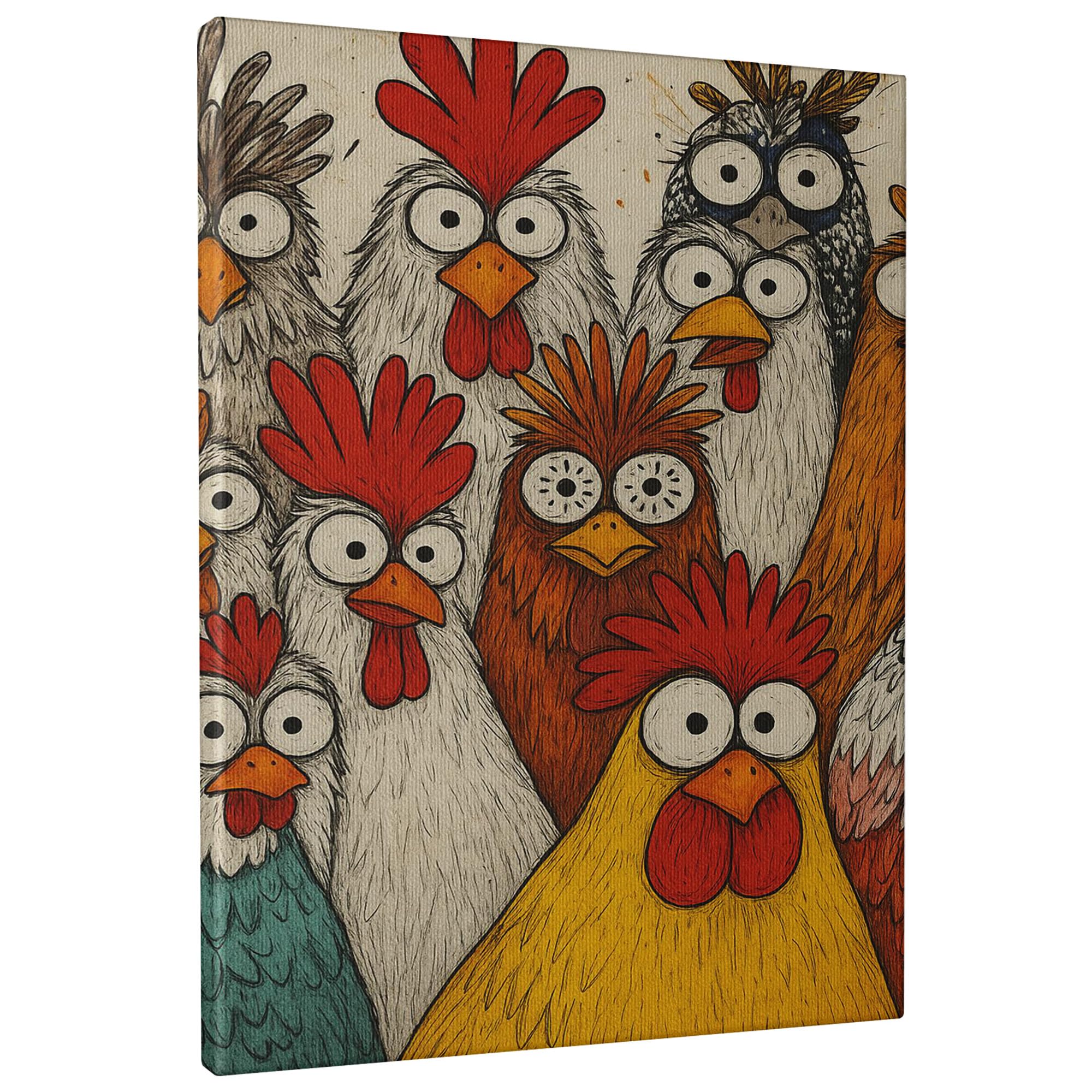 Quirky Chicken Canvas Wall Art, Red Yellow Farmyard Birds Decor, Rustic Country Style for Kitchen, Living Room, Egg Festival Wrapped Canvas 10x12 Inch