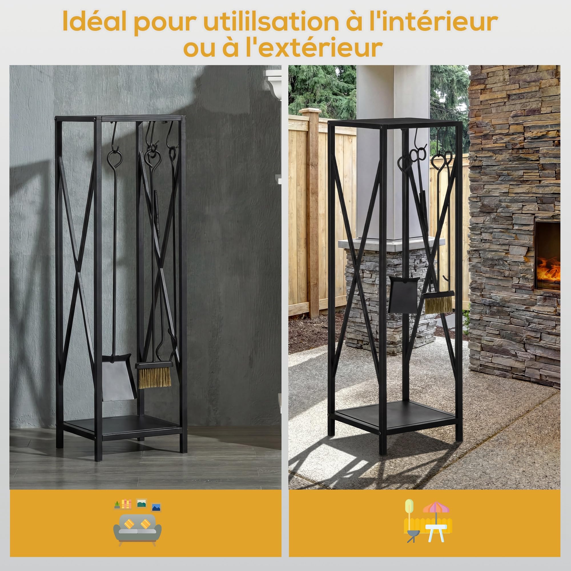 Outsunny Stojak na drewno kolumnowe, stojak na drewno kominkowe, z wieloma akcesoriami metalowymi, 34 l x 34 l x 111H cm, czarny