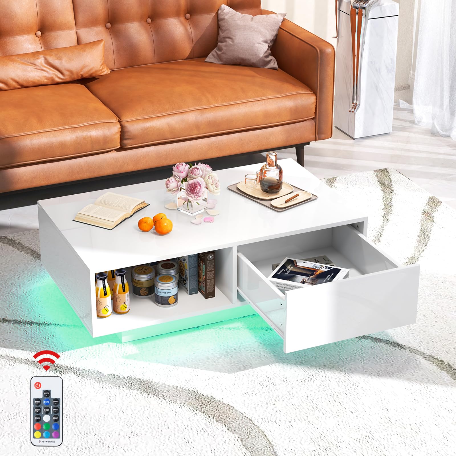 RELAX4LIFE Tavolino da Caffè Moderno 95x55x31cm, con 20 Luci LED Regolabili e Telecomando, in Legno con Finitura Lucida, Cassetto a Pressione e Ripiano Aperto, per Soggiorno, Max 65kg (Bianco)