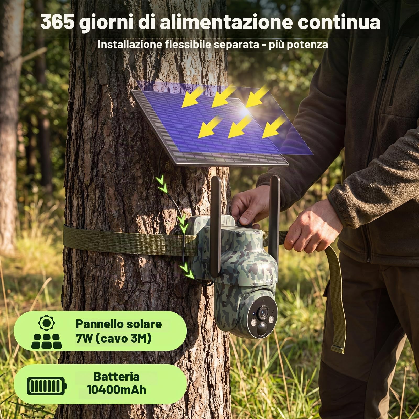 LEMNOI Fototrappola 4G Solare con Registrazione 24/7, 2K Visione Notturna