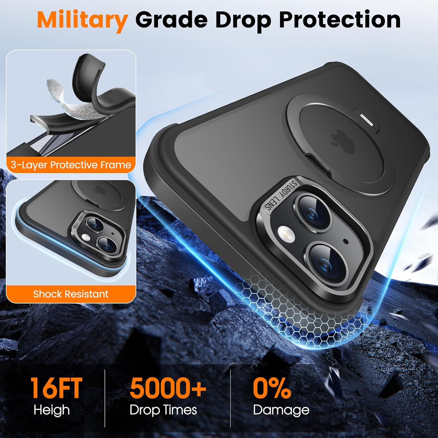 Case for iPhone 15 with 360° Rotatable Magnetic Stand, Mil-Grade Drop Protection, Anti-Scratch/Anti-Slip/Anti-Fingerprint Translucent Matte Phone Case, Black