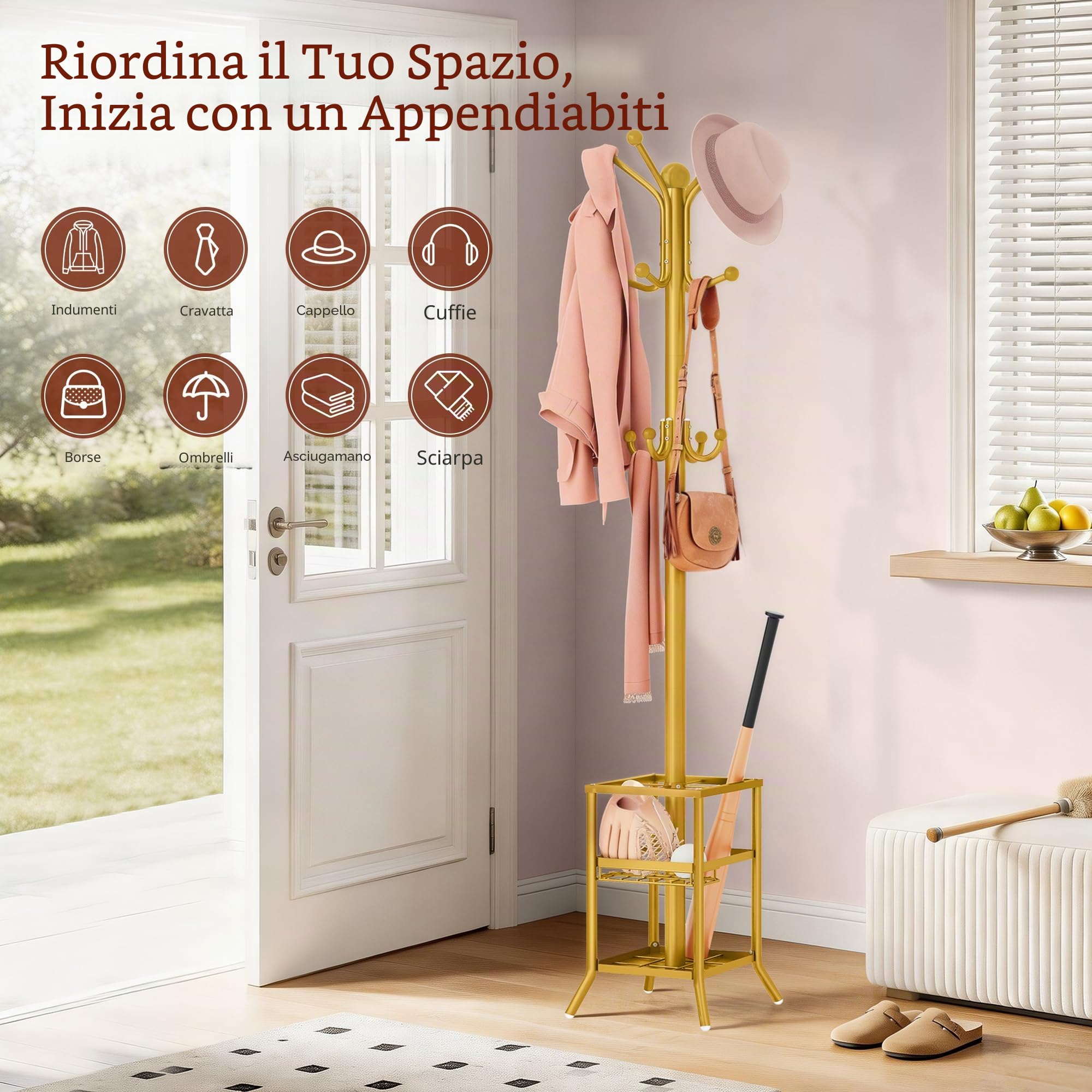 FAVOOSTY Appendiabiti con Portaombrelli, Appendiabiti con 12 Ganci, Supporto per Giacche, in Piedi, per Soggiorno, Camera da Letto (Oro)