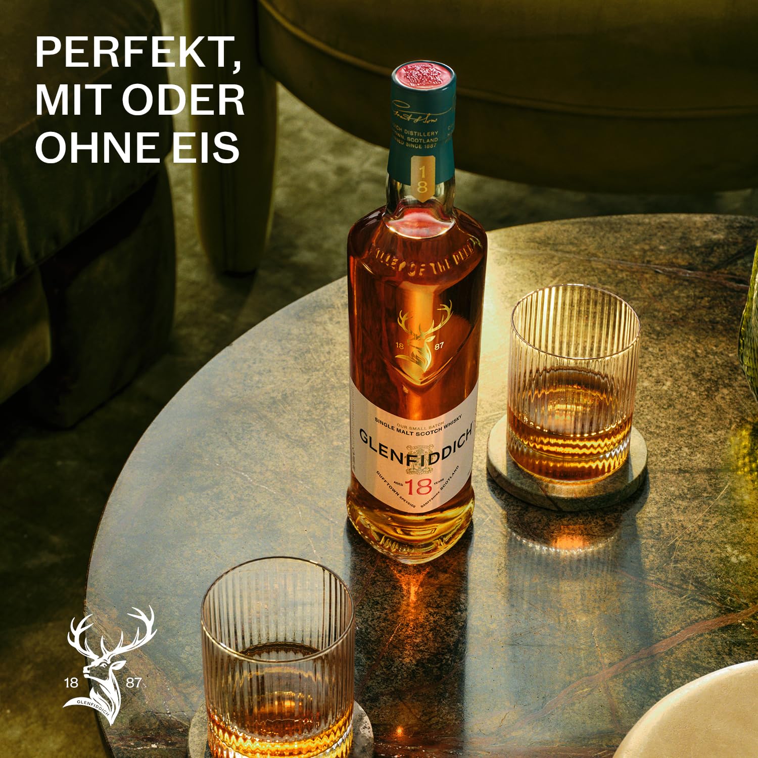 Glenfiddich 18 Jahre Single Malt Scotch Whisky mit Geschenkverpackung, 70cl - in Ex-Bourbon- & Oloroso Sherry-Fässern gereift für hochwertigen Genuss - Das Flaschendesign kann variieren
