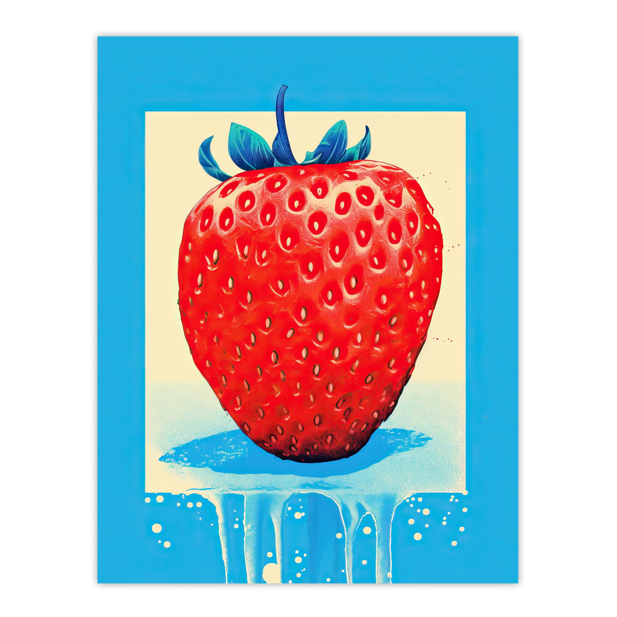 Wee Blue Coo Single Strawberry Fruit in Ice Frame Vibrant Blue Red Painting Unframed Wall Art Print Poster Home Decor Premium