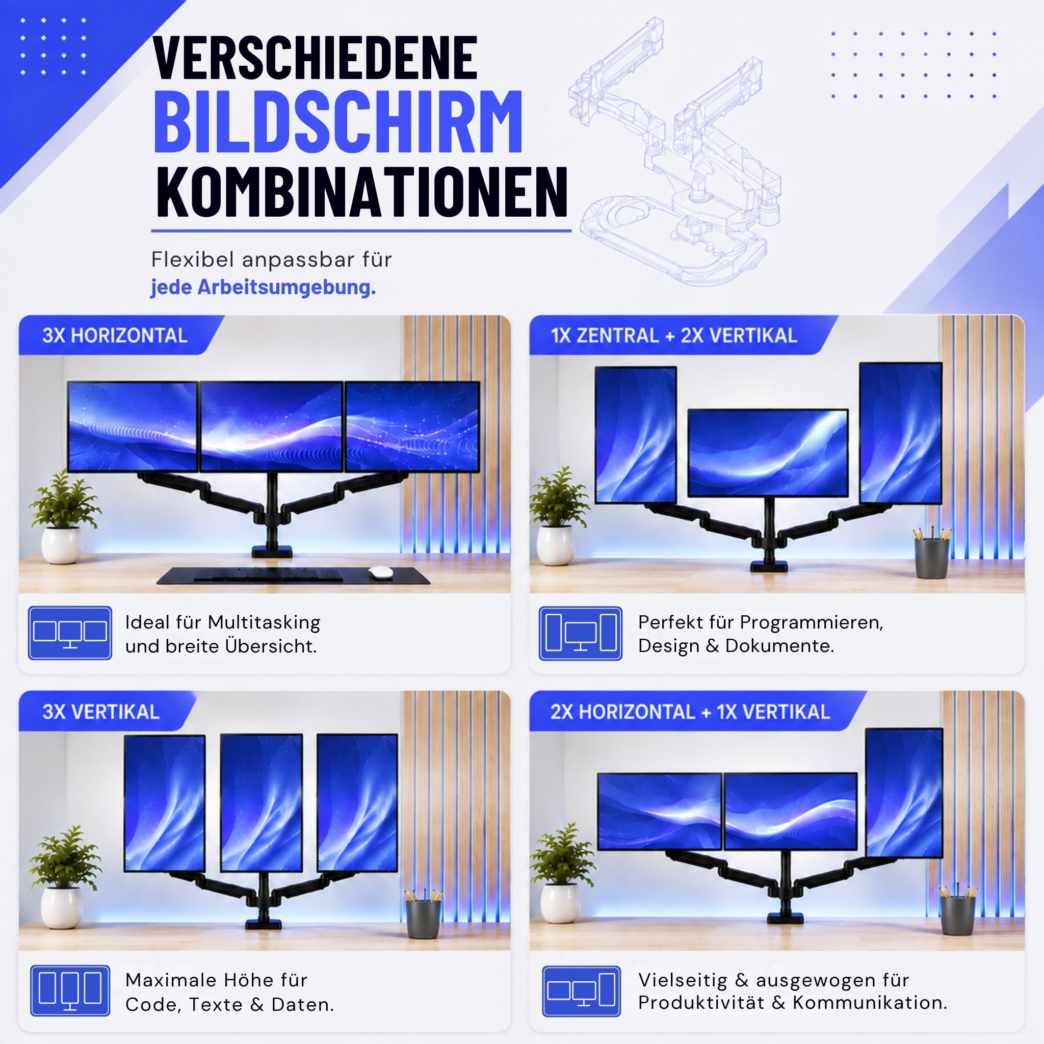 Monitor Halterung 3 Monitore für 14 bis 32 Zoll 360° Beweglichkeit