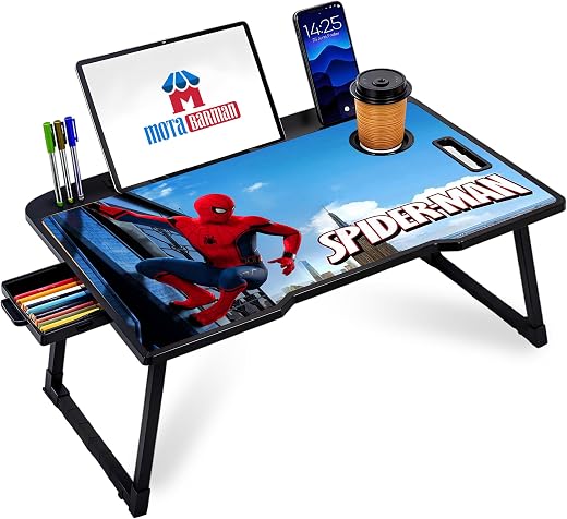Foldable Wooden Laptop Bed Tray Table, Multifunction Lap Tablet Desk with Cup Holder, for Eating Breakfast, Reading Book, Working, Watching Movie on Bed (Spiderman)