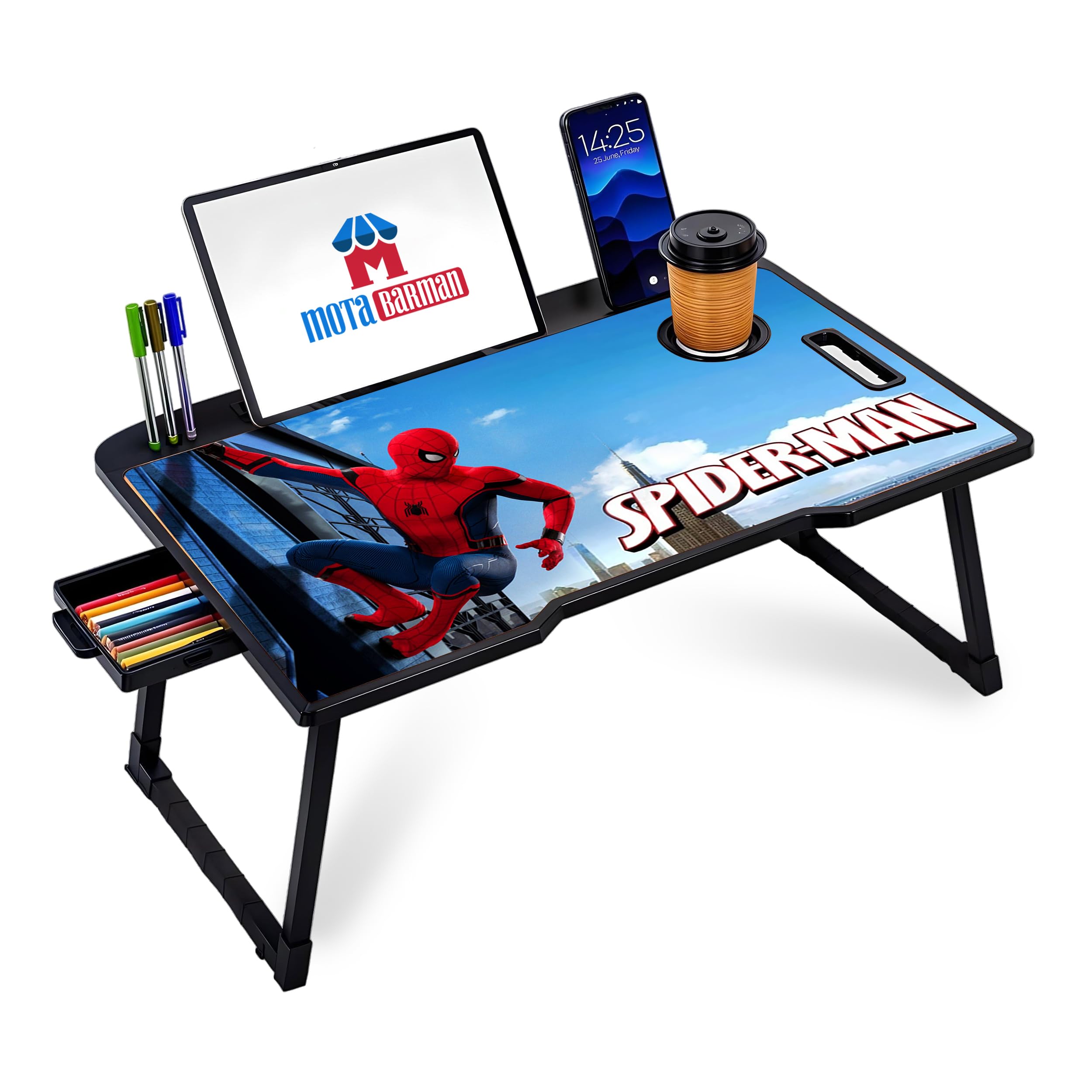 Foldable Wooden Laptop Bed Tray Table, Multifunction Lap Tablet Desk with Cup Holder, for Eating Breakfast, Reading Book, Working, Watching Movie on Bed (Spiderman)-picture-36