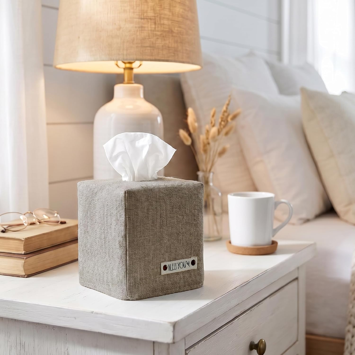 Stylish Tissue Box Cover - Gray Linen Holder for Square Tissue Boxes image 2