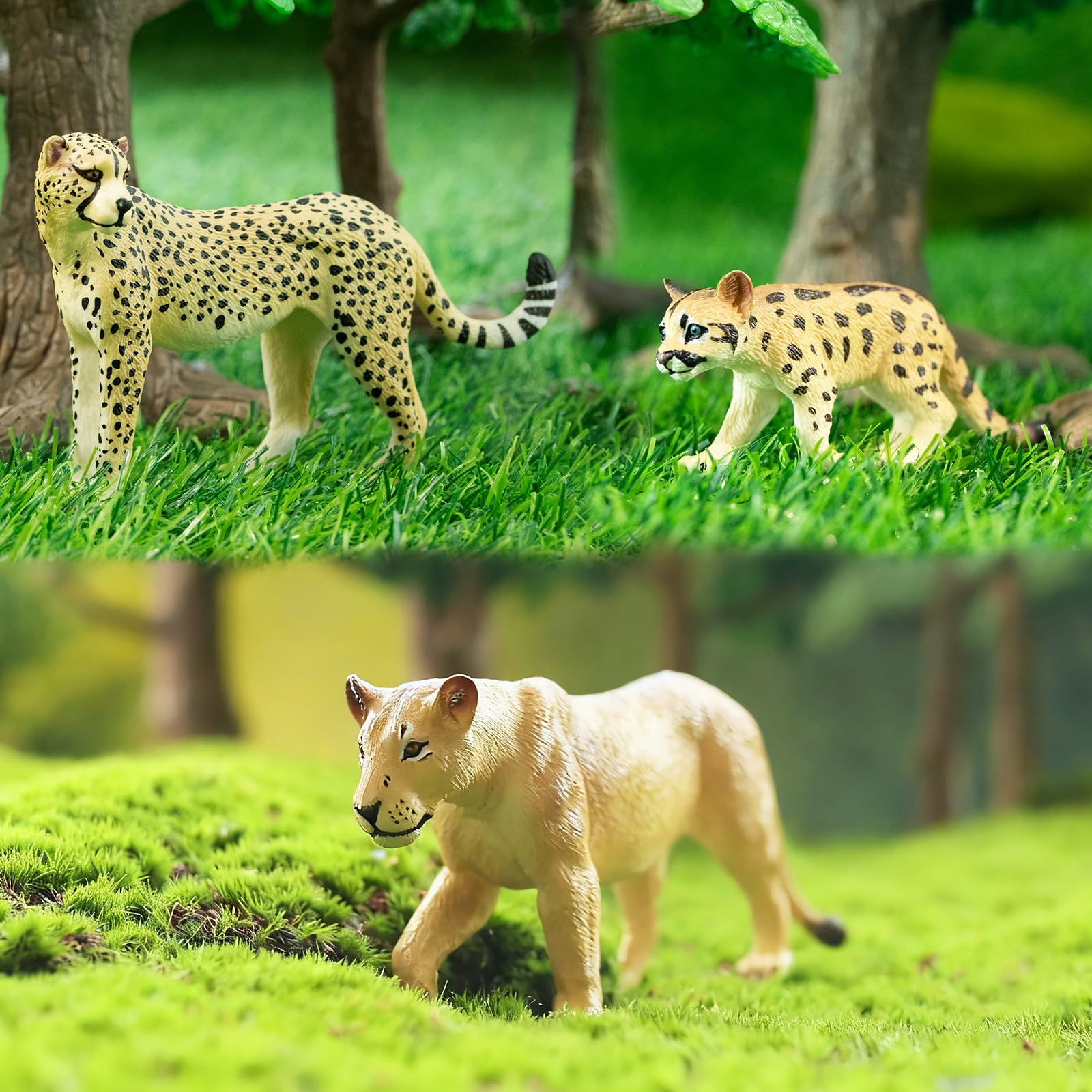 TOYMANY Zestaw 12 figurek zwierząt dżungli i pień drzewa, realistyczne figurki lwów, tygrysów i figurek jaguara, figurki zwierząt z dżungli zoo dla dzieci