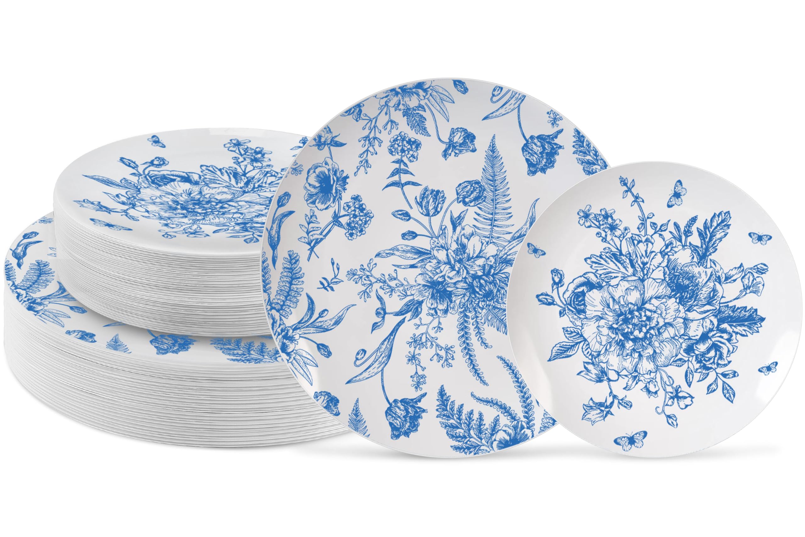 durony 72 Pieces Blue & White Floral Plates Disposable Plastic Plates Party Plates Set 36 Pieces 10.25" Dinner Plates & 36 Pieces 7.5" Dessert Plates Serving Platters for Wedding Tableware Decoration