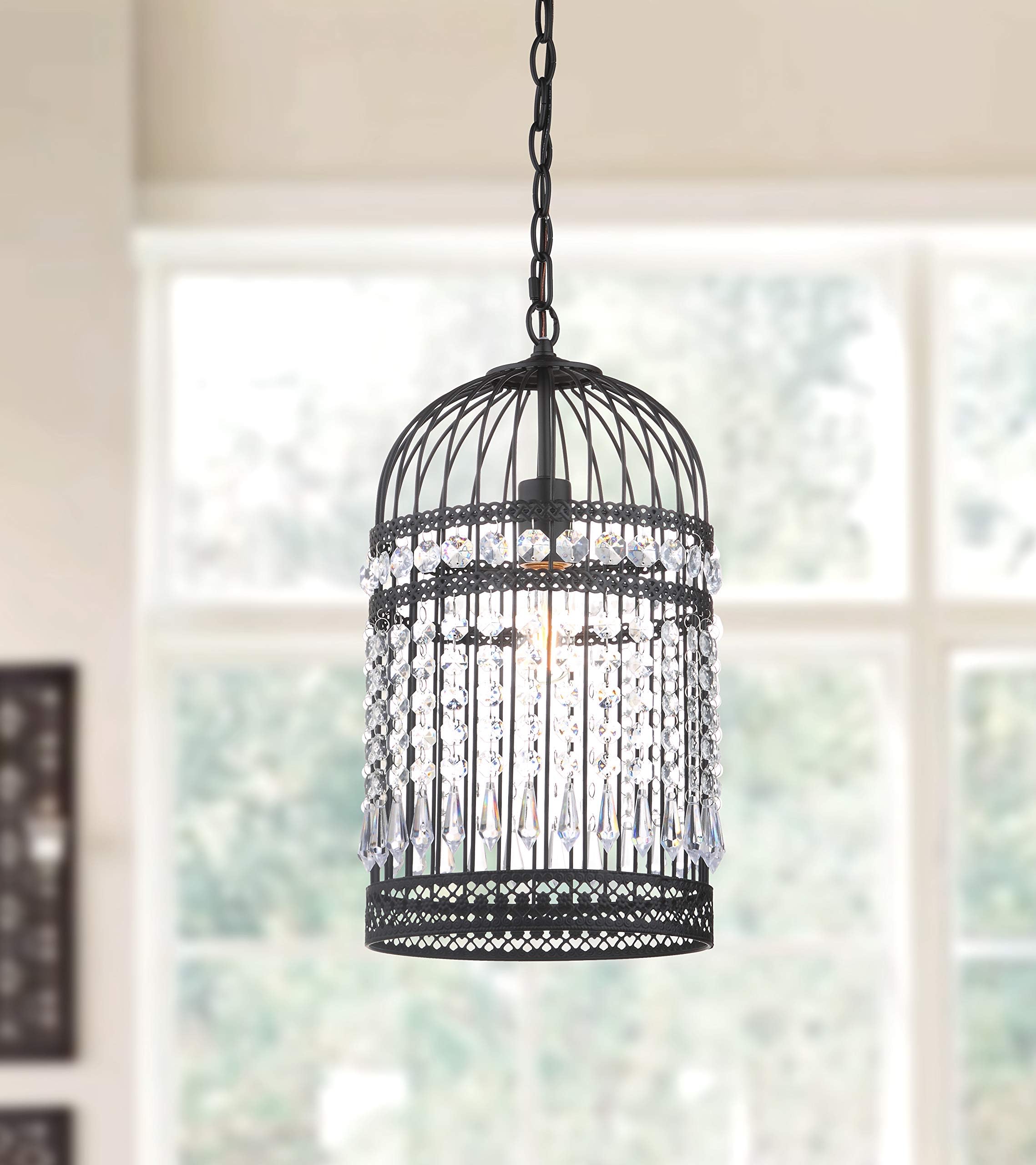 Safavieh PND4014A Collection Ellison Bird Cage Crystal Adjustable (LED Bulb Included) Pendant Light, Black