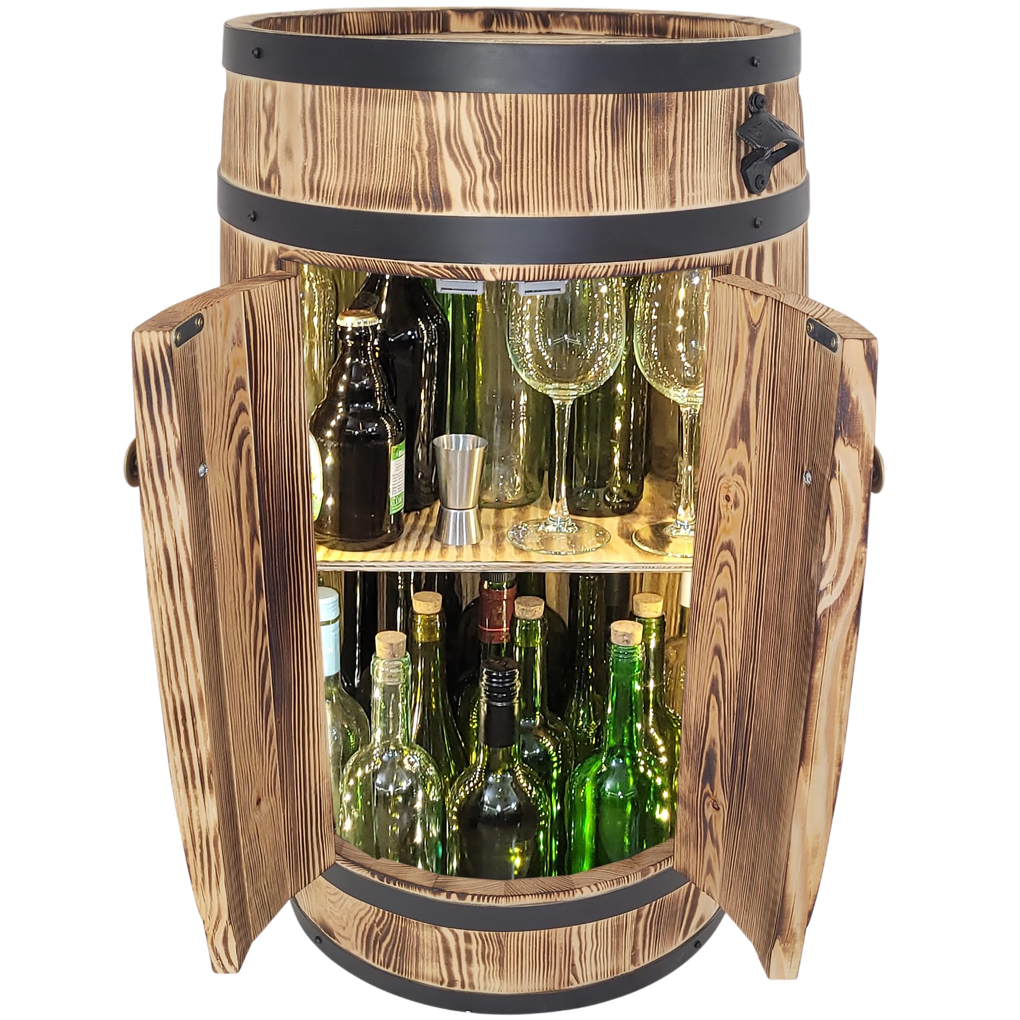 weeco Casa bar in botte di legno con illuminazione a LED e porte, 2 ripiani per bottiglie, stile rustico, mobili da bar 80 x 50 cm