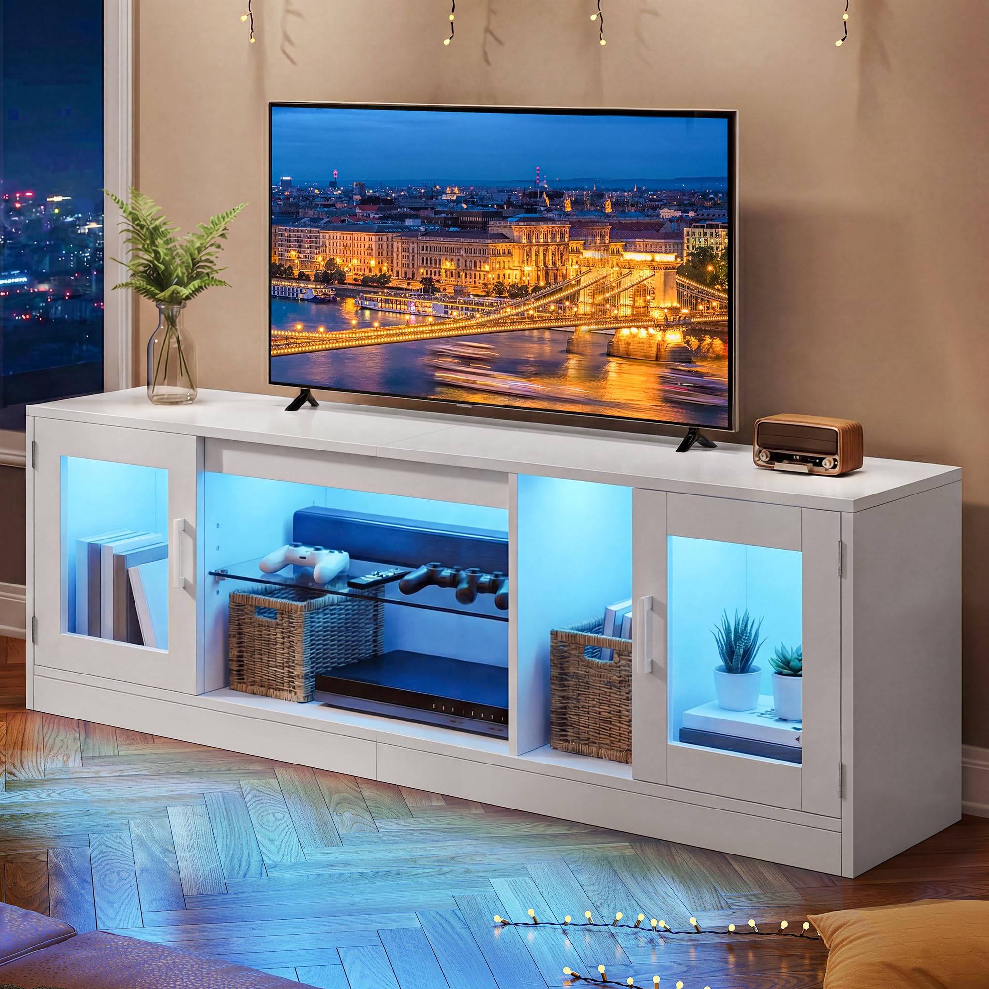 YITAHOME Mueble de TV de 180 cm con 7 LED RGB, mueble bajo para TV con 2 armarios cerrados, 3 estantes abiertos y estante de cristal ajustable, moderno centro de entretenimiento para salón, 180 x 32 x