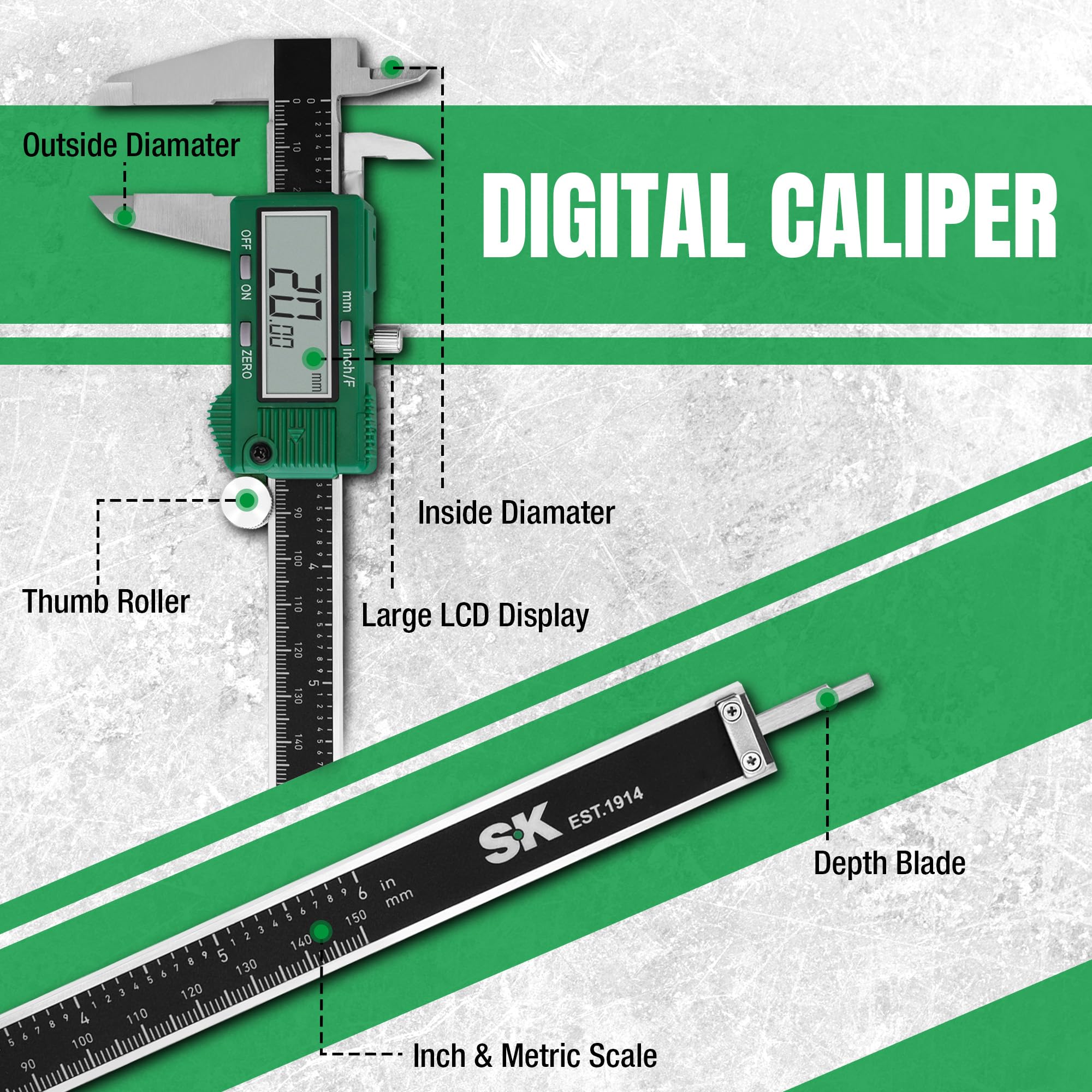SK Pinze digitali da 15,2 cm, strumento di misurazione a corsoio, precisione ± 0,1 pollici | Calibrador elettronico con ampio schermo LCD, funzione di spegnimento automatico, conversione pollici/millimetro/frazione