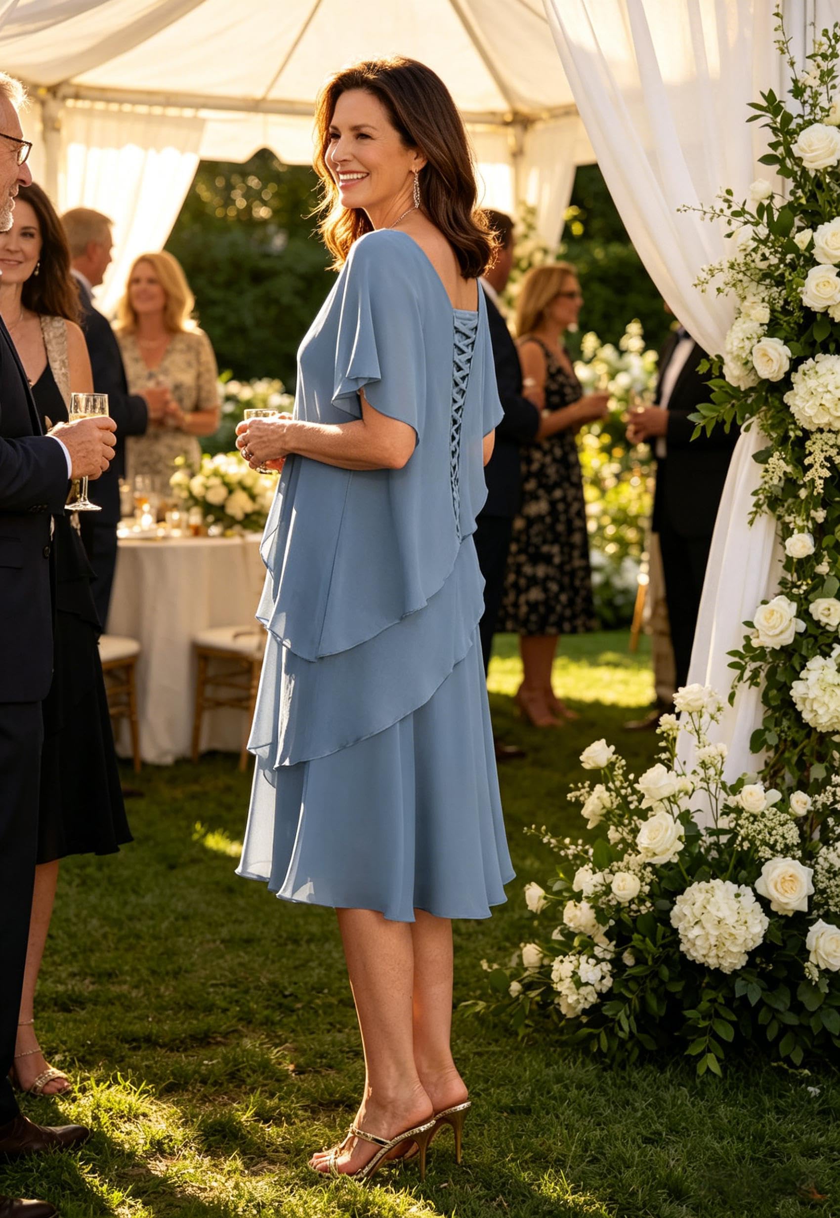 Chiffon-Kleid mit Rüschen, für Abendveranstaltungen, gestuft, für die Brautmutter mit Ärmeln