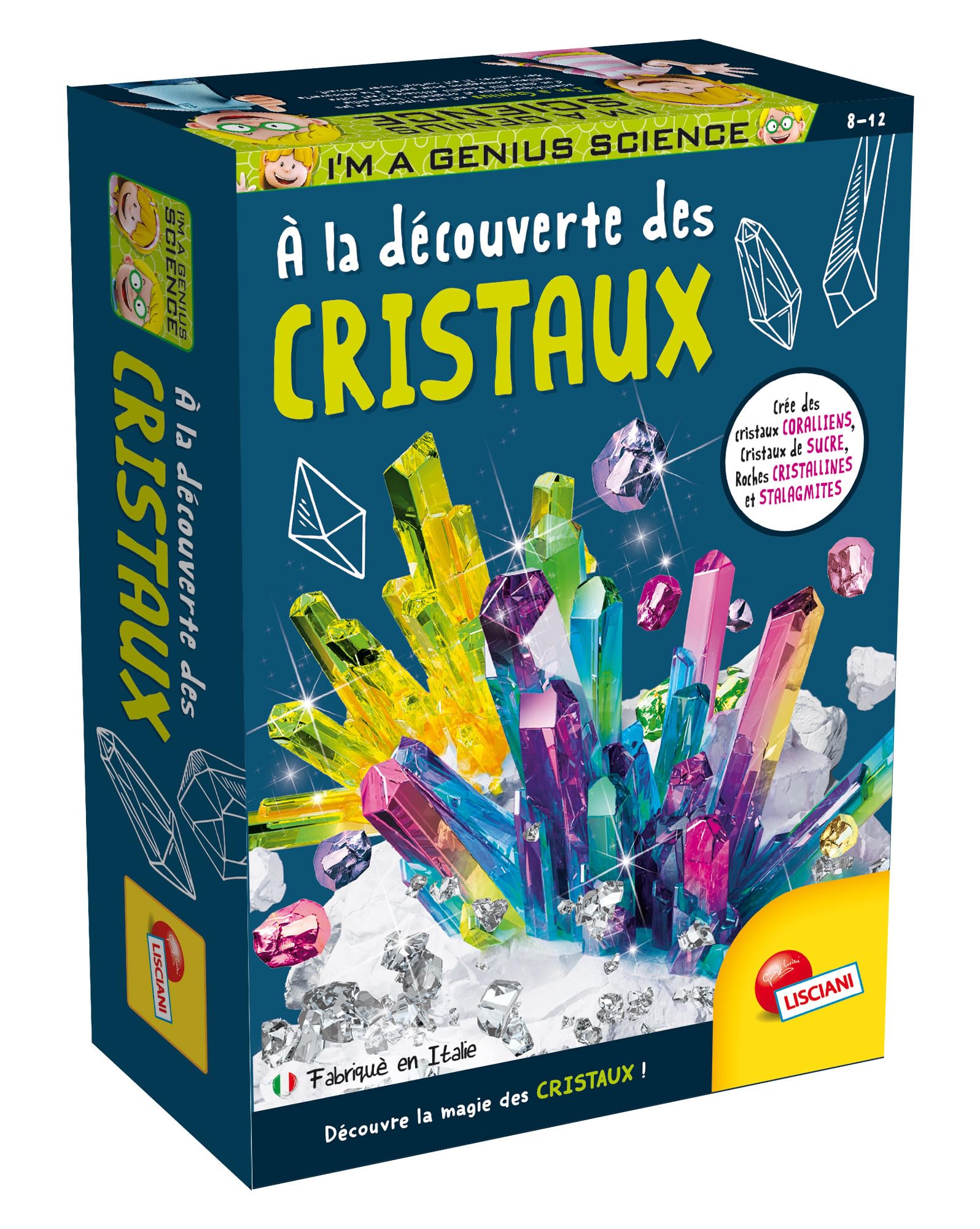 Lisciani I'M A GENIUS Discovering Crystals for Children from 8 Years Old - Scientific Experiments Kit - Creation of Coloured Sugar Crystals - Magic of Crystallization - Made in Italy