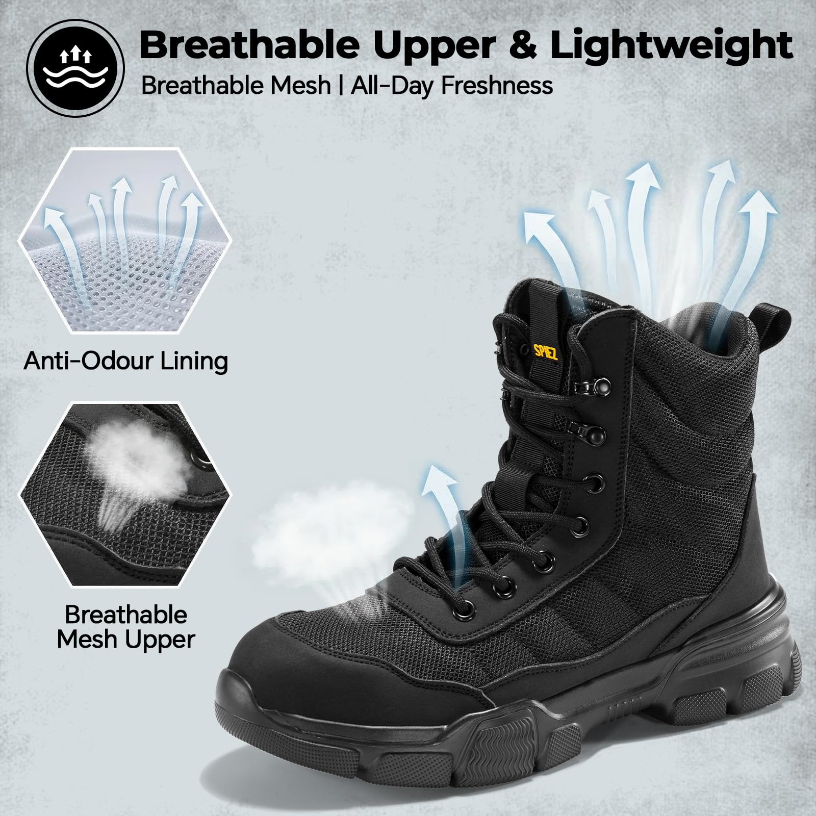 SPIEZ Botas de Seguridad Hombre SB PL, Ligeras Botas de Trabajo con Cremallera, Cómodos Zapatos de Seguridad con Puntera de Acero, Negro