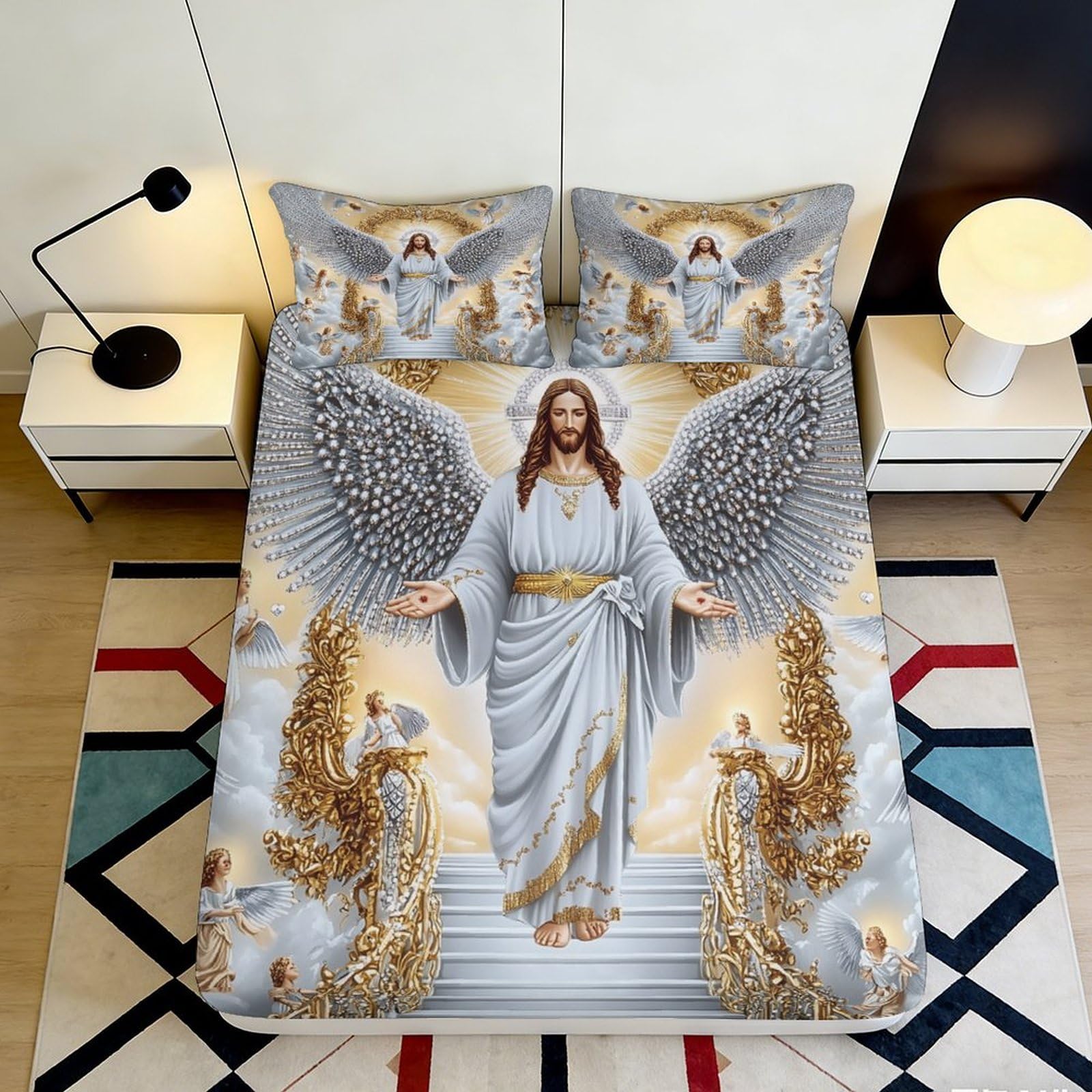 Jqzkxnhpbr Style-3 3D Printed Angel Wings Fitted Sheet Microfiber Soft Breathable Jesus Figure Mattress Cover For Bedroom Guest Room Decor 90X200x25cm