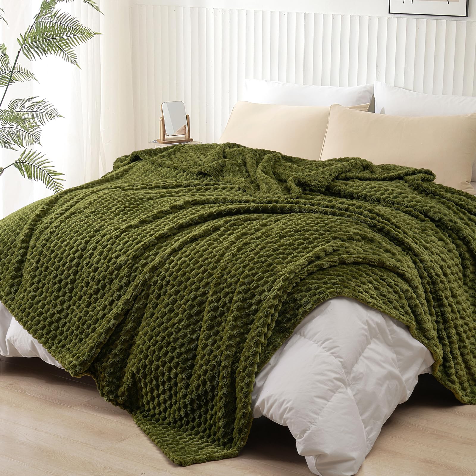 PHF Ultra Soft Flannel Fleece Blanket Queen Size, Lightweight 3D Jacquard Fleece Blanket, No Shedding, No Pilling, Luxury 340GSM Aesthetic Fluffy Cozy Blanket for Bed Room Decor, 90"x90", Olive Green