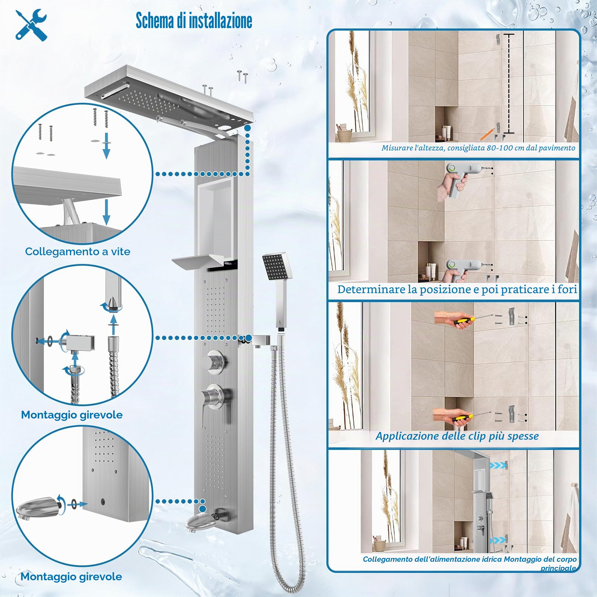 NAIZY Pannello doccia con rubinetto, sistema 5 in 1 con ripiano integrato, set multifunzione con doccetta per massaggio, cascata e pioggia, rubinetto in acciaio inox 304