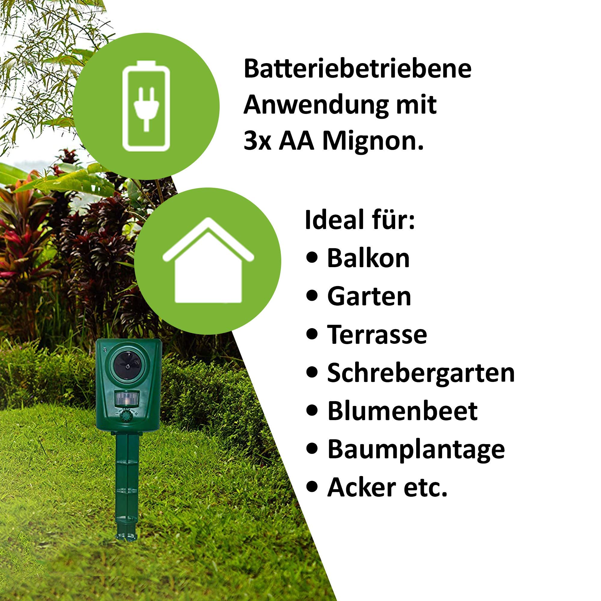 ISOTRONIC Ultraschall Tiervertreiber zur Abwehr von Wildtieren, Vögeln, Hunden, Katzen & Mardern – batteriebetriebenes Tierabwehrgerät inkl. Erdspieß für den Garten – 60m² Wirkungsbereich (2 Stück)