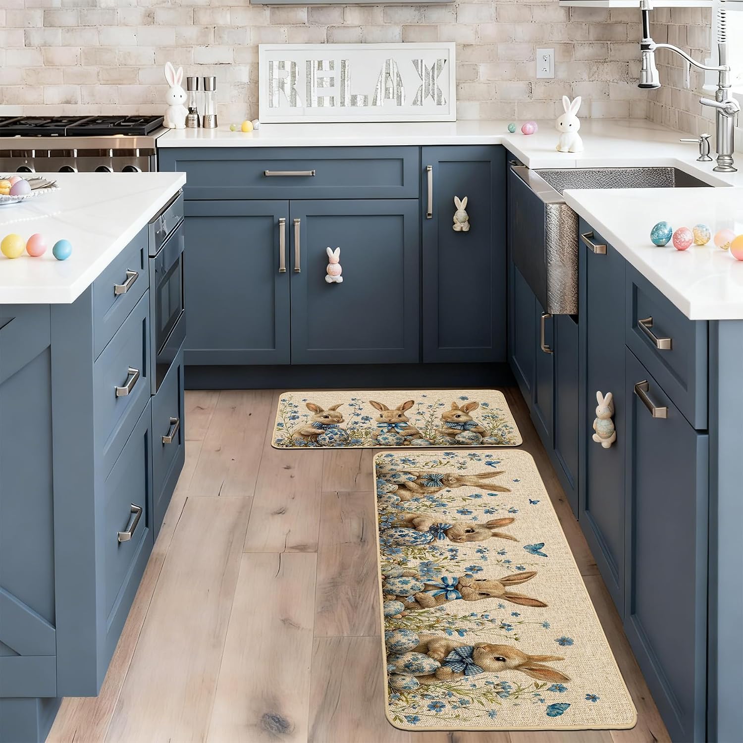 Baccessor Easter Bunny Kitchen Mats Set of 2,Blue Easter Spring Floral Cute Rabbits Eggs Kitchen Rugs Non Slip Low-Profile Washable for Floor Farmhouse Home Decor 17x29 and 17x47 Inch