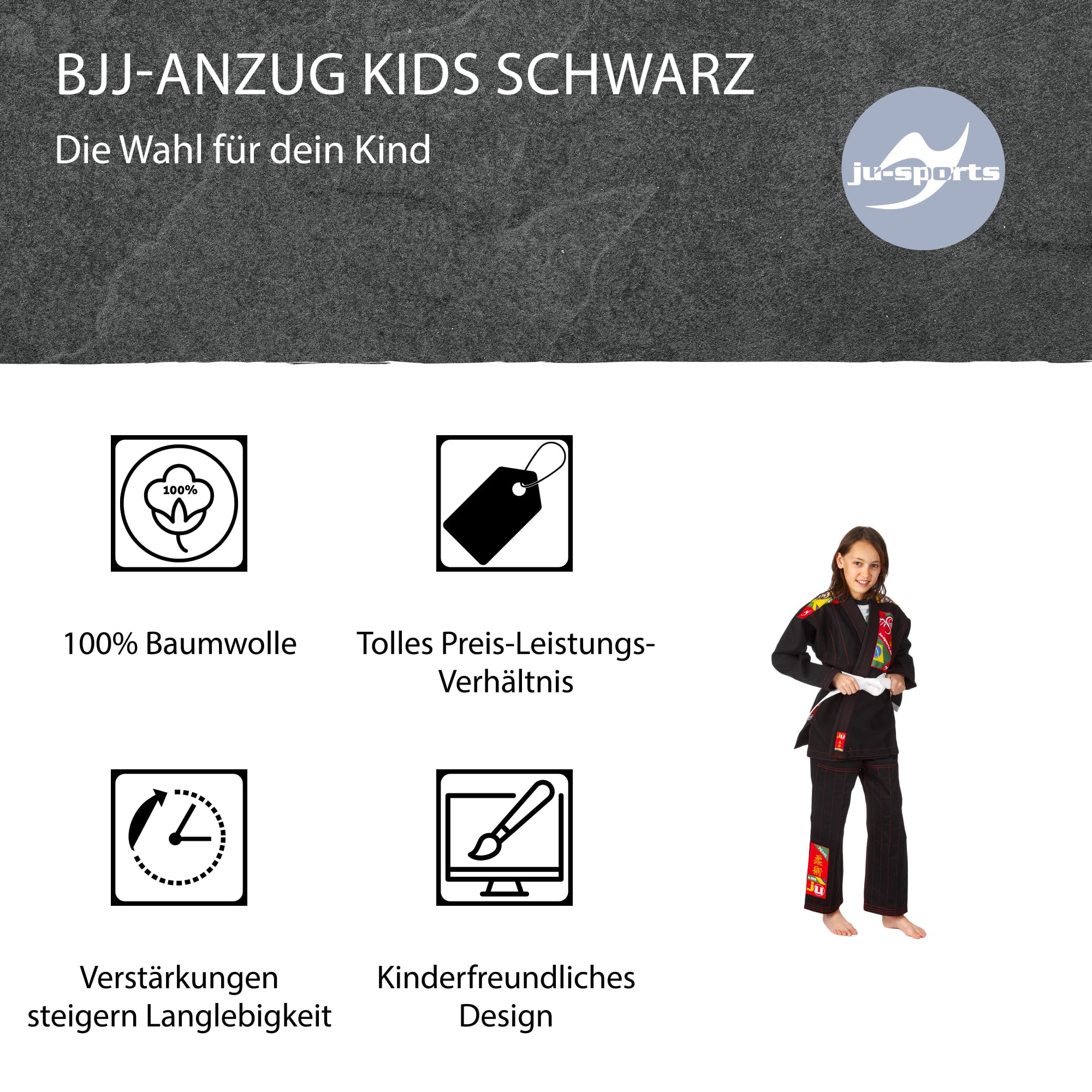 Ju-Sports BJJ Gi Kids schwarz - Leichter, schlanker Brazilian Jujutsu Anzug speziell für Kinder, BJJ Gi im bunten Design inkl. weißem Gurt, 100% Baumwolle