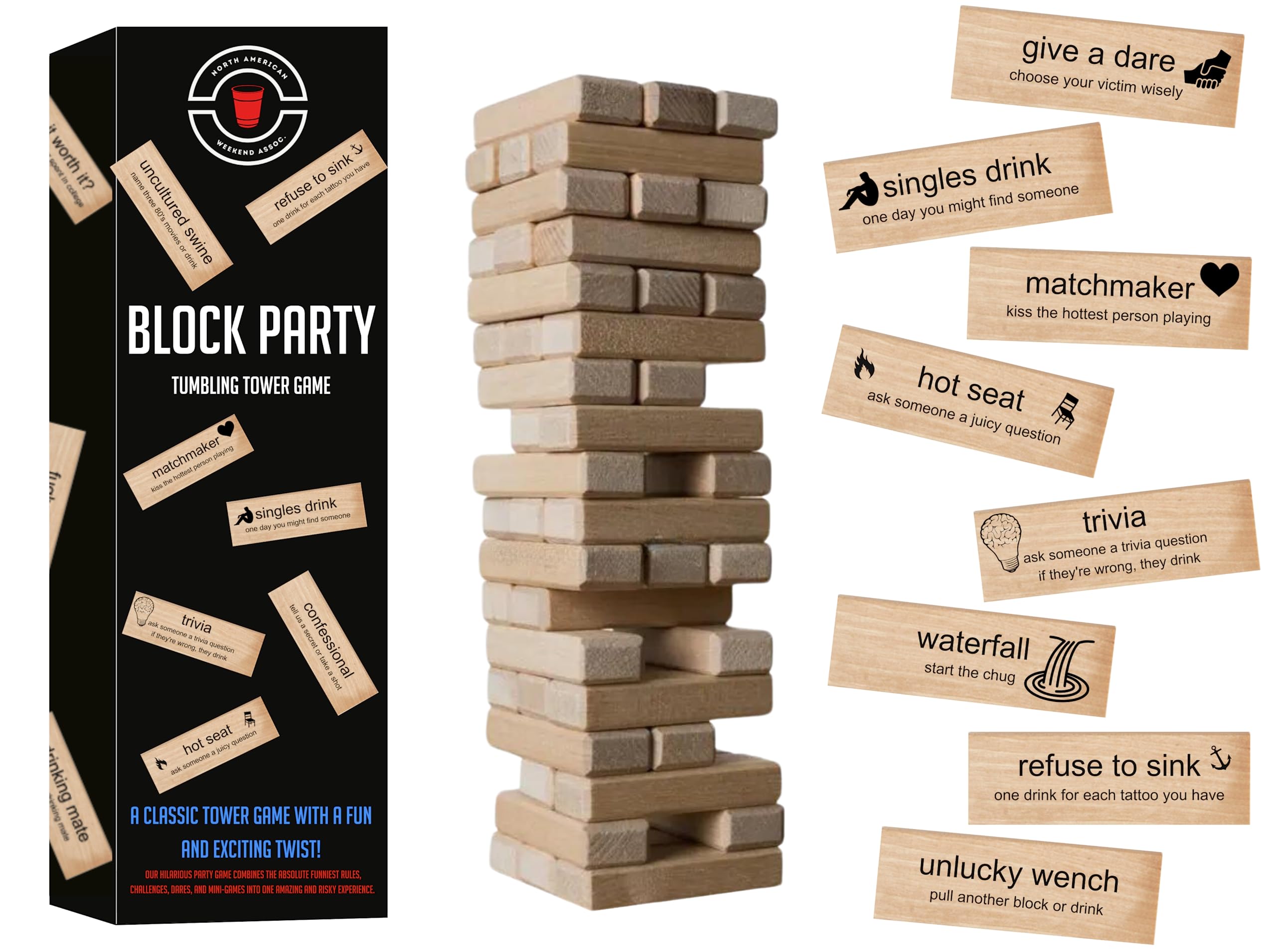 NORTH AMERICAN WEEKEND Block Party Adult Game Tumbling Tower ™ - Party Game - 54 Hilarious and Unique Blocks - with Different Dares, Challenges, Mini-Games