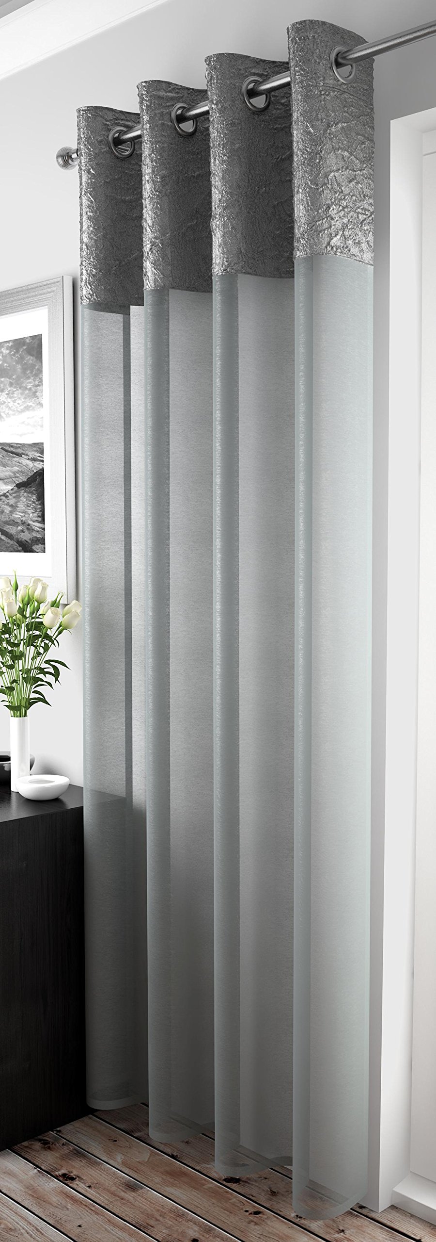 Ians Emporium Silver Maddy Modern Voile Eyelet Ring Top Curtain Panel Crushed Header 53" (135Cm) X 90" (137Cm)