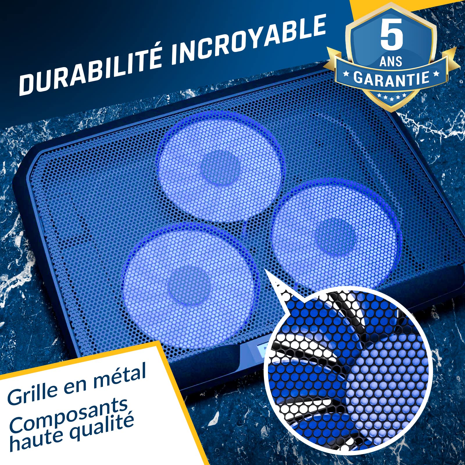 KLIM KN02 Refroidisseur PC Portable 11-17,3 Pouces - Repose-Poignets Ergonomiques Innovants - 3 Ventilateurs de 1500 RPM - Support PC Portable + Grille métallique + Garanti 5 Ans - 2022