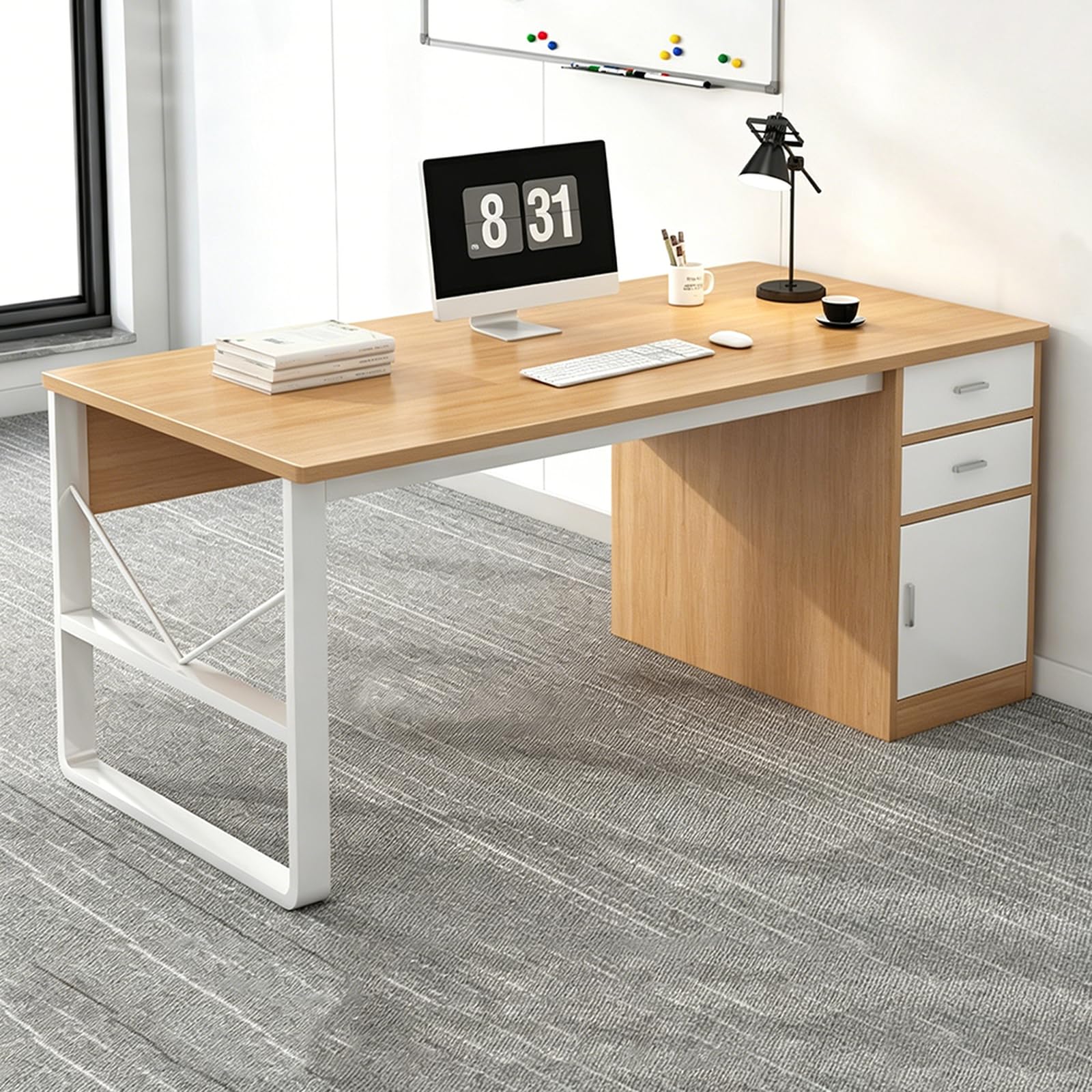 Mescxty Natural Computer Desk With 2 Drawers, Executive Desk Workstation With Storage Cabinet,Large Storage Space,Metal Frame,Suitable For Offices,Home,Study Rooms(100X60cm(39X24inch), )