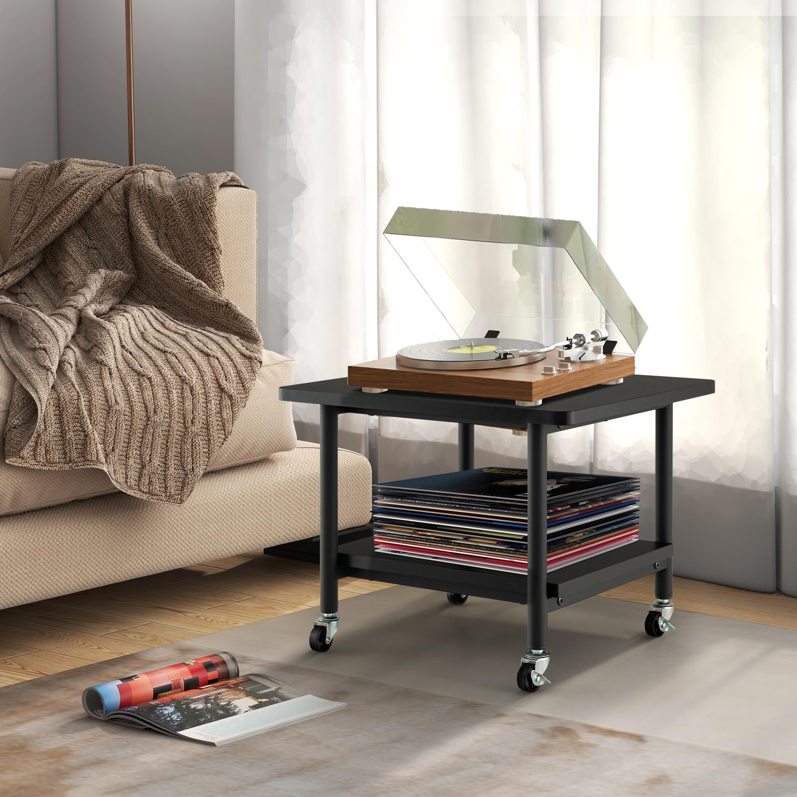 COSTWAY Druckertisch mit Rollen, Druckerständer mit feststellbaren Rädern, Druckerwagen mit 2 Ebenen, Druckerablage Druckerregal Druckerhalter für Büro, Fax, 49 x 40 x 38 cm (Schwarz)