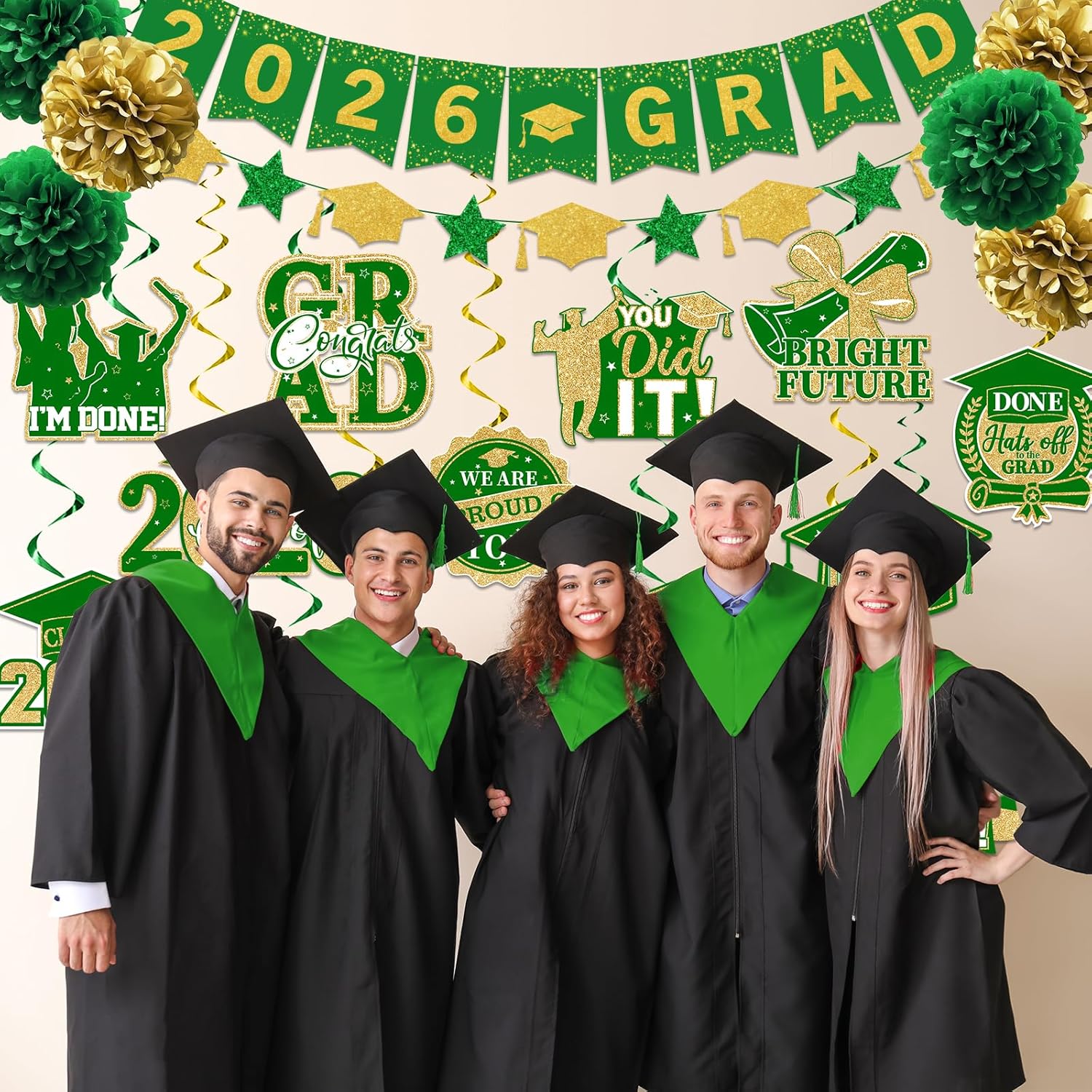 Green and Gold Graduation Decorations, 2026 Grad Banner and Congrats Grad Hanging Swirls, Green and Gold Graduation Banner Graduations Hanging Swirl College Graduations Party Decorations Class of 2026 - Image 2