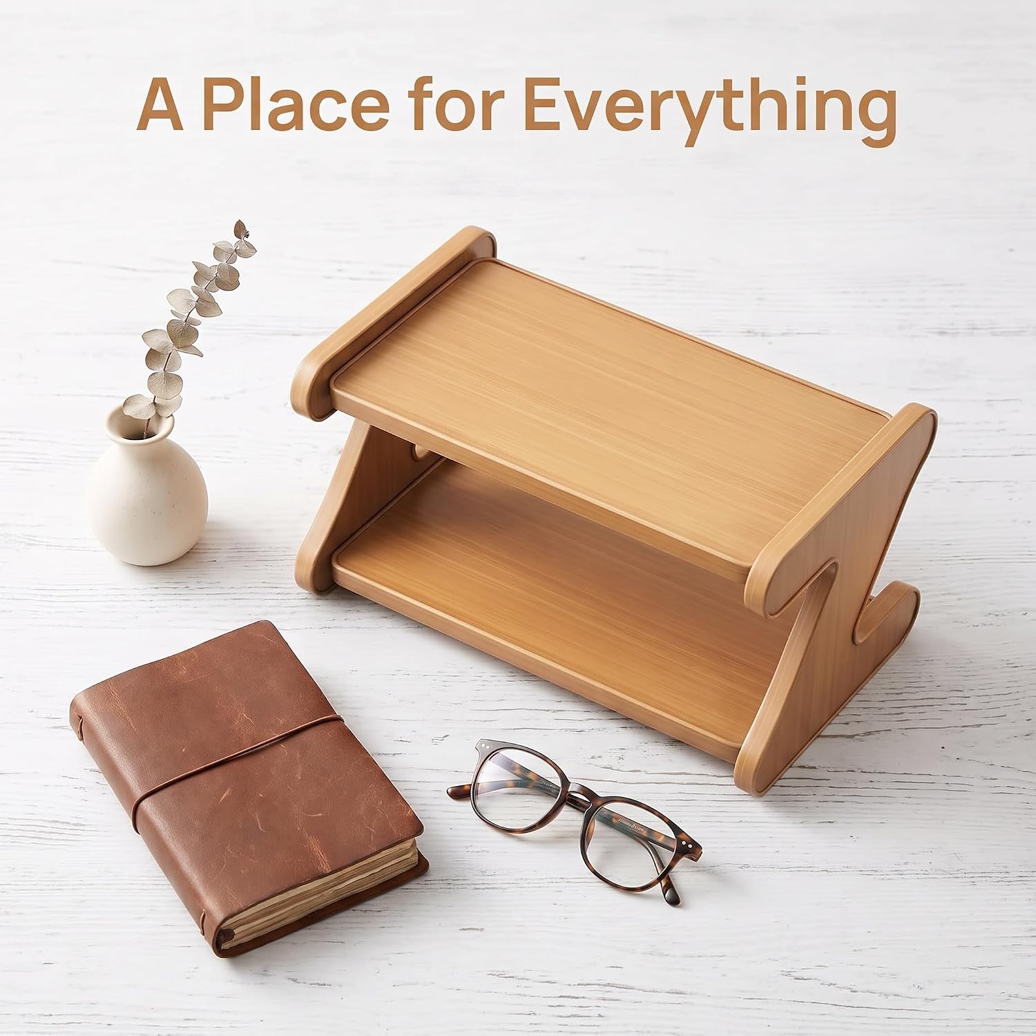 Wooden Desktop Organizer Shelf, 3-tier Countertop Storage Rack With Freestanding Stand, Space Saving Desk & Kitchen Organizer For Office, Dorm, Books, Mug, Cosmetic Display Walnut Color 11.8*6.2*7in image 4