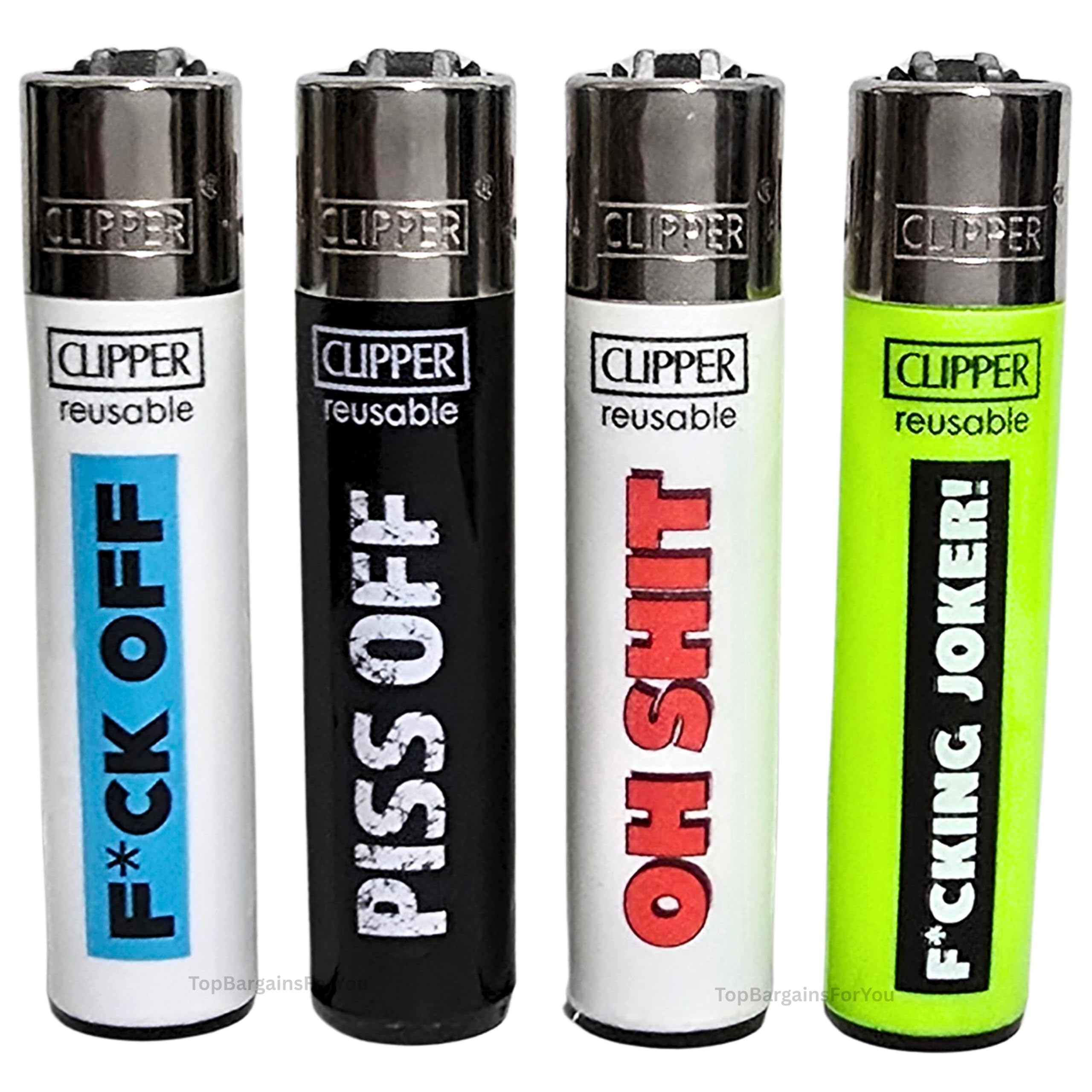 Zactly - 4 x Clipper Lighter Set Gas Refillable Windproof Lighters Standarad Size Replaceable Flint Rare Limited Edition (Naughty Words 5)